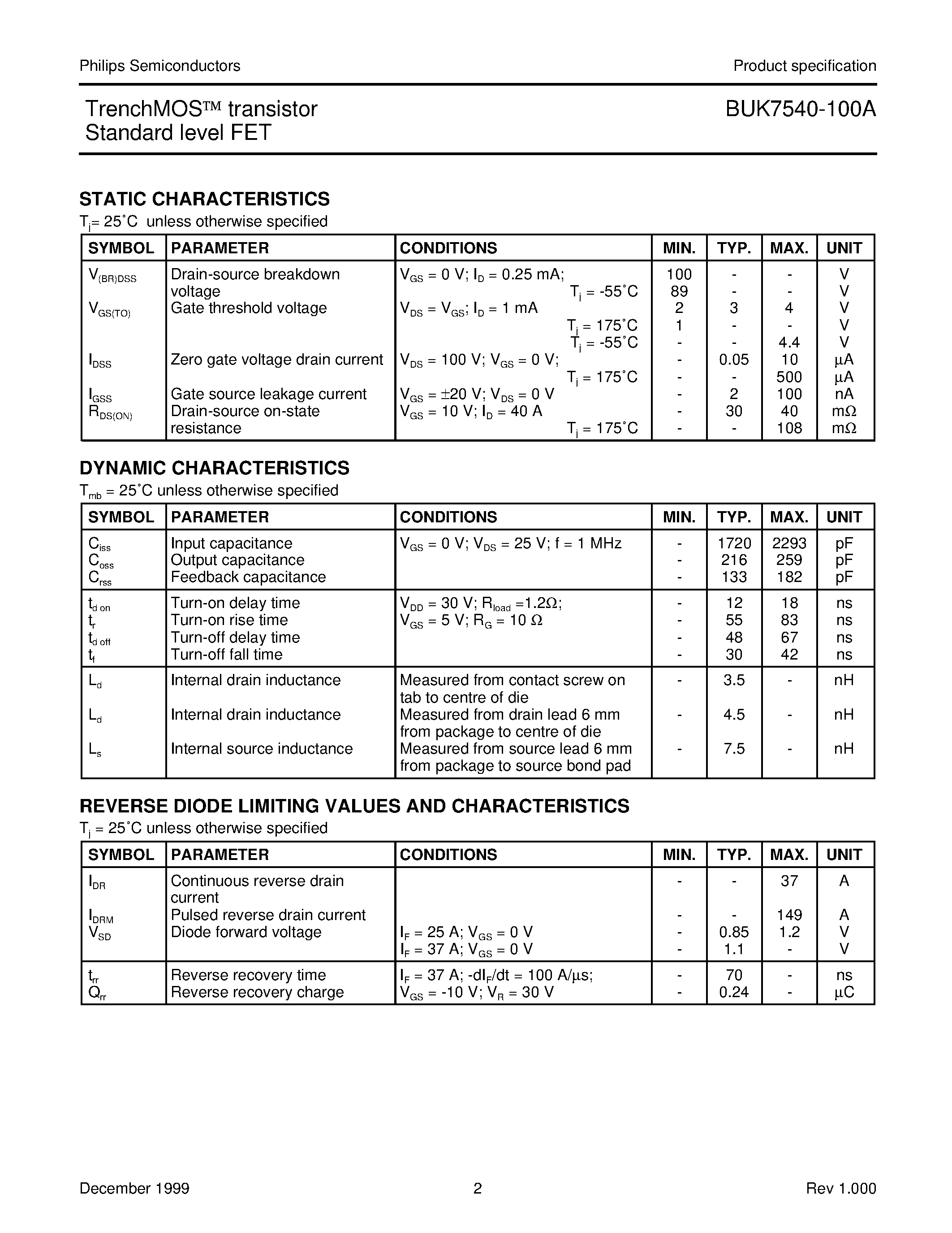 Даташит на микросхему BUK7540-100A страница 2 Даташит BUK7540-100A - TrenchMOS transistor Standard level FET страница 2
