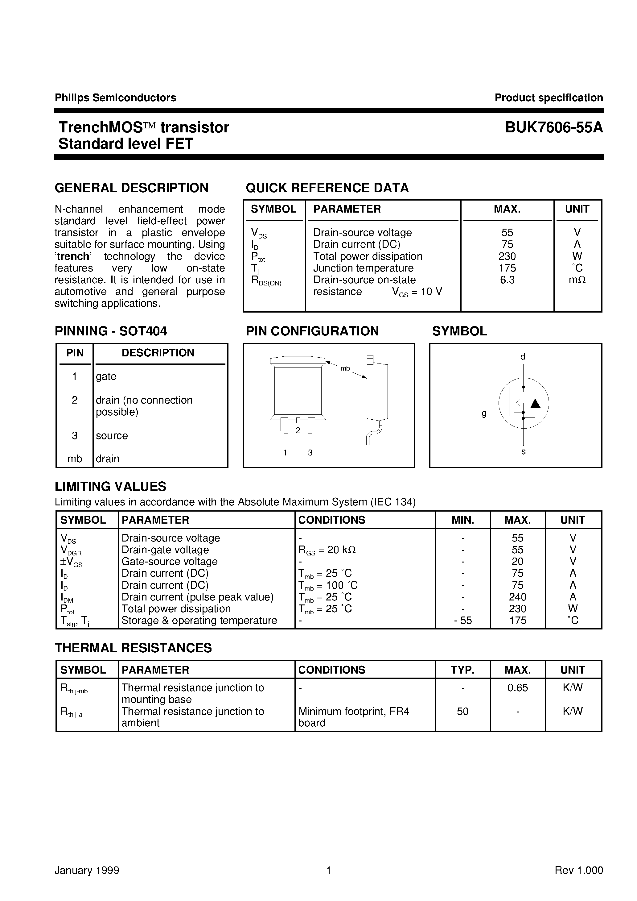 Даташит на микросхему BUK7606-55A страница 1 Даташит BUK7606-55A - TrenchMOS transistor Standard level FET страница 1