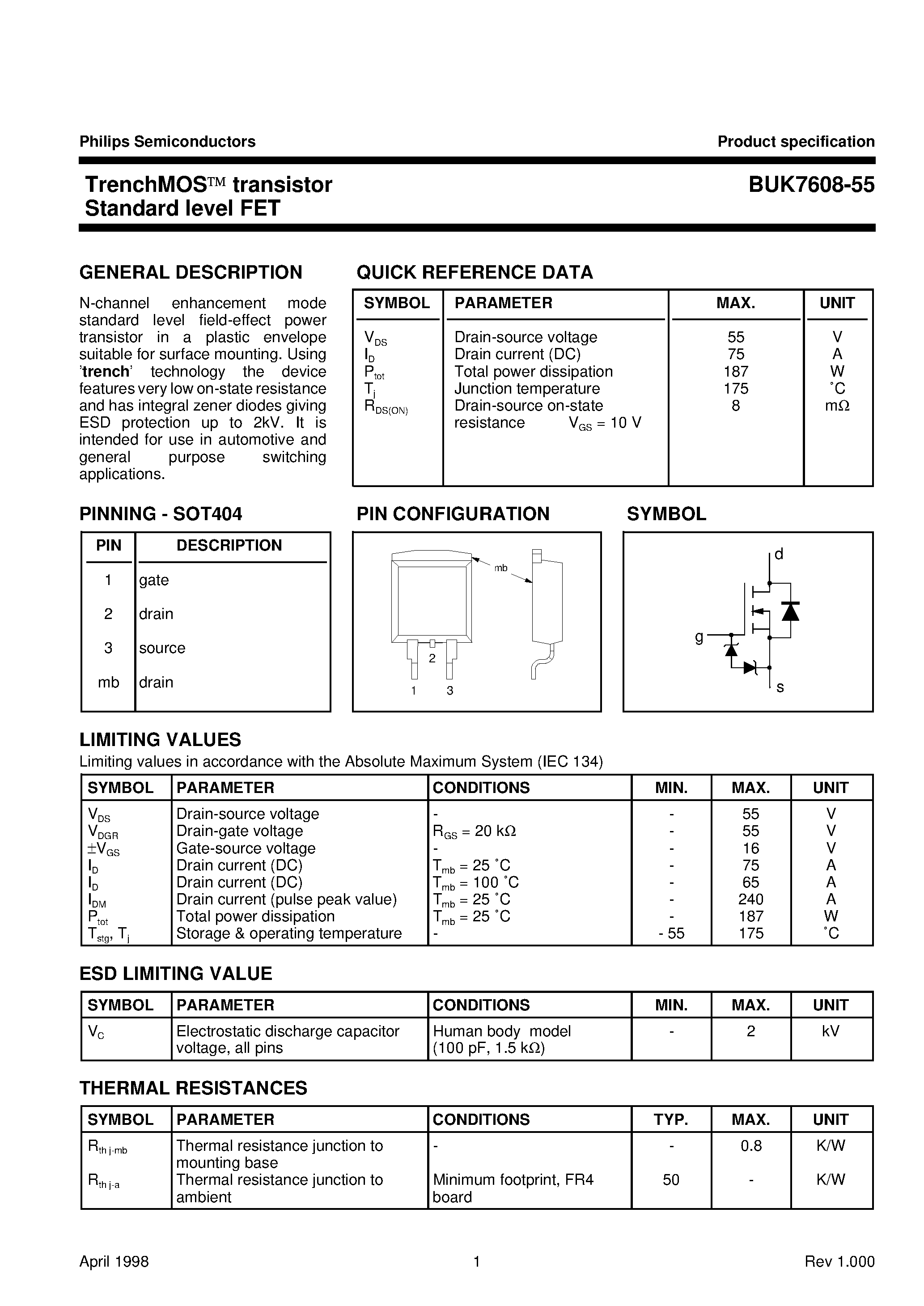 Даташит на микросхему BUK7608-55 страница 1 Даташит BUK7608-55 - TrenchMOS transistor Standard level FET страница 1