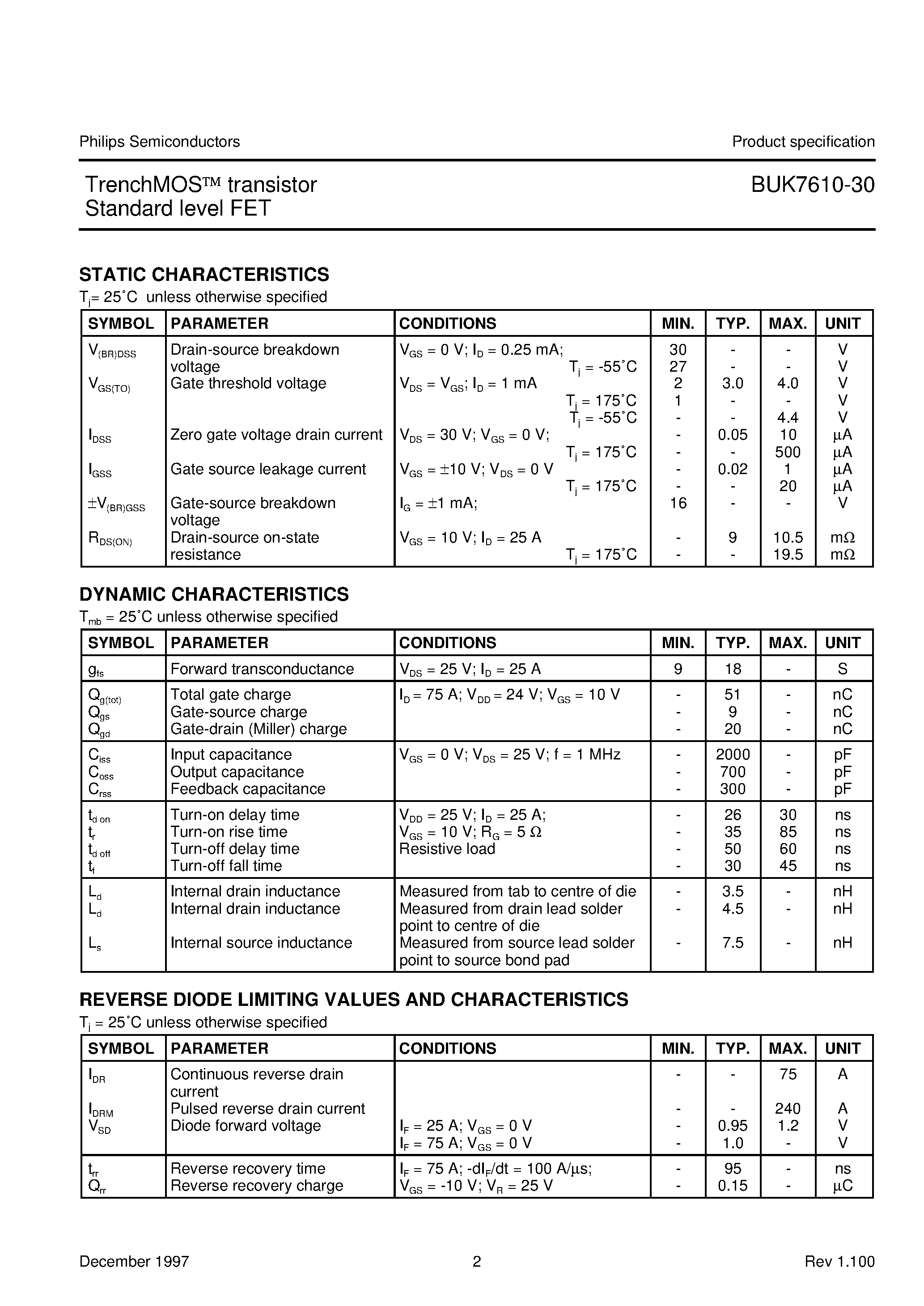 Даташит на микросхему BUK7610-30 страница 2 Даташит BUK7610-30 - TrenchMOS transistor Standard level FET страница 2
