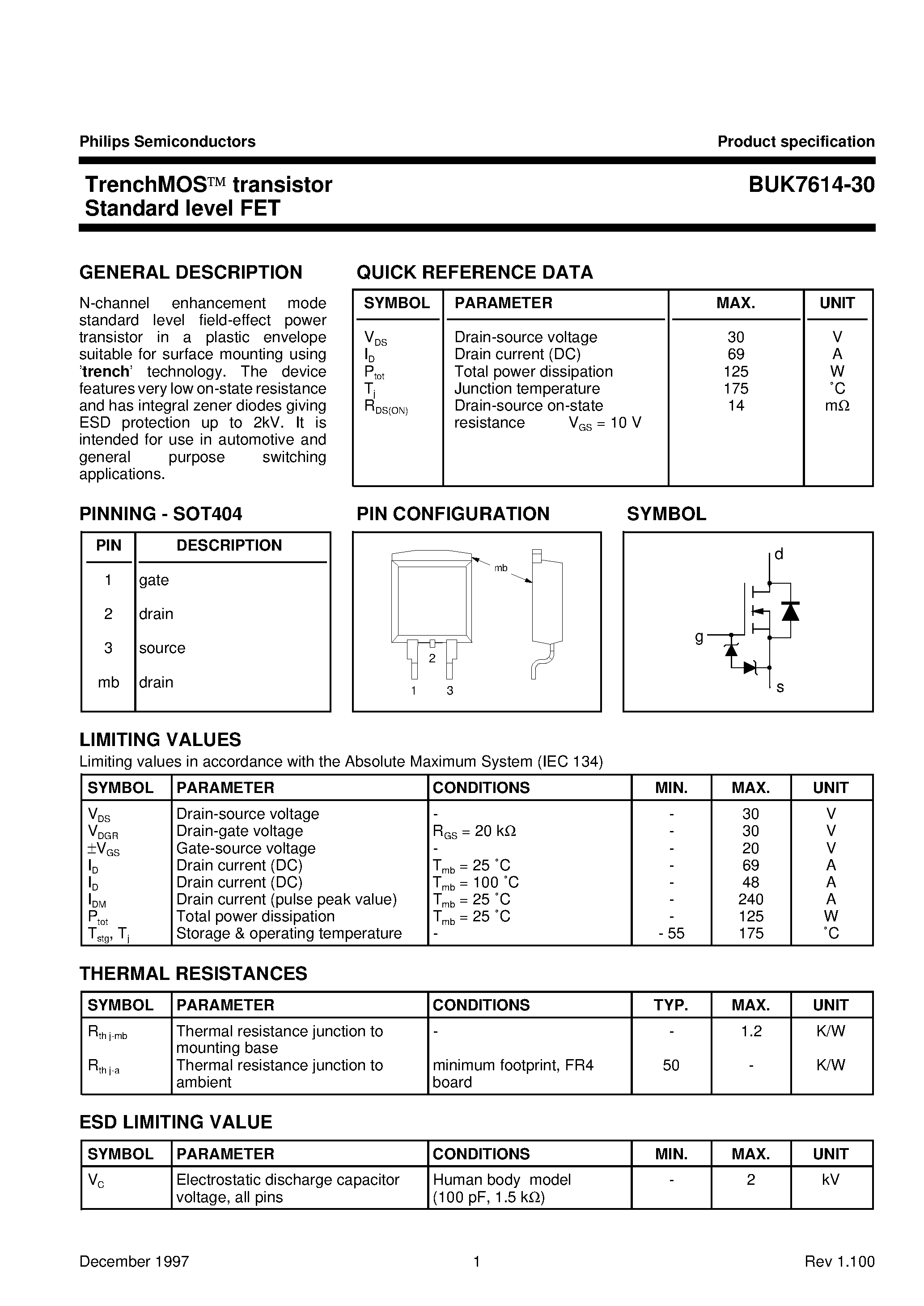 Даташит на микросхему BUK7614-30 страница 1 Даташит BUK7614-30 - TrenchMOS transistor Standard level FET страница 1