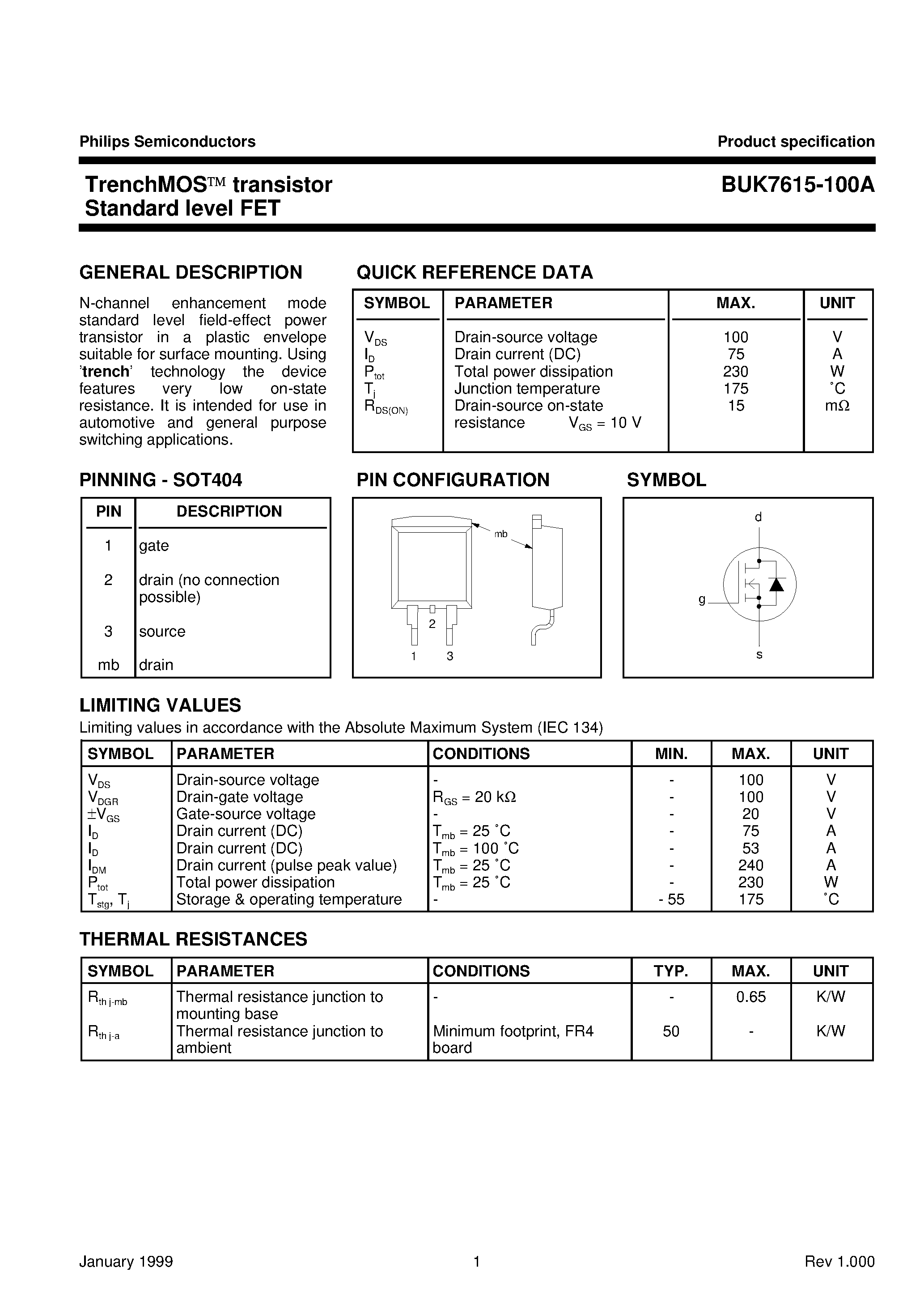 Даташит на микросхему BUK7615-100A страница 1 Даташит BUK7615-100A - TrenchMOS transistor Standard level FET страница 1