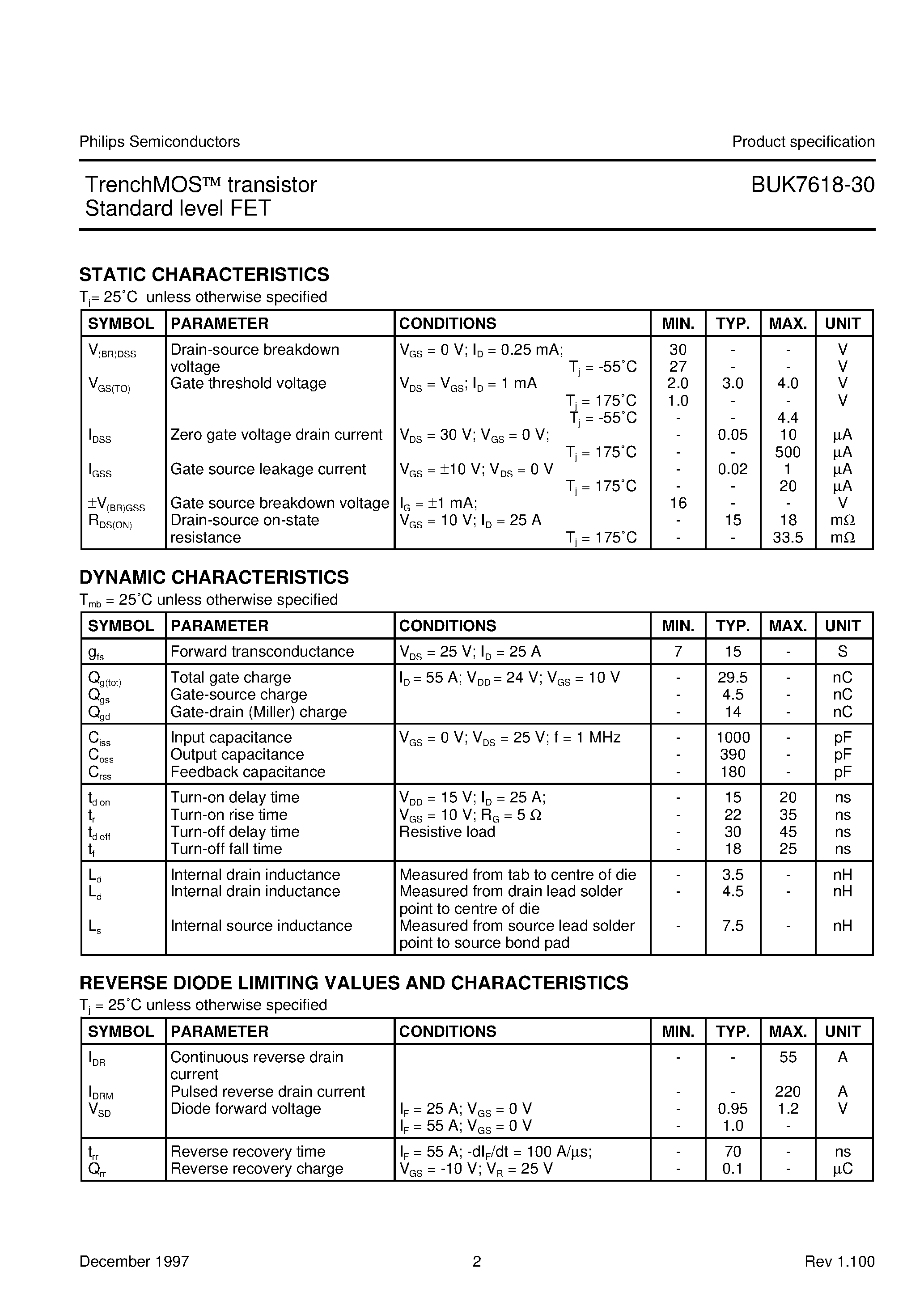 Даташит на микросхему BUK7618-30 страница 2 Даташит BUK7618-30 - TrenchMOS transistor Standard level FET страница 2