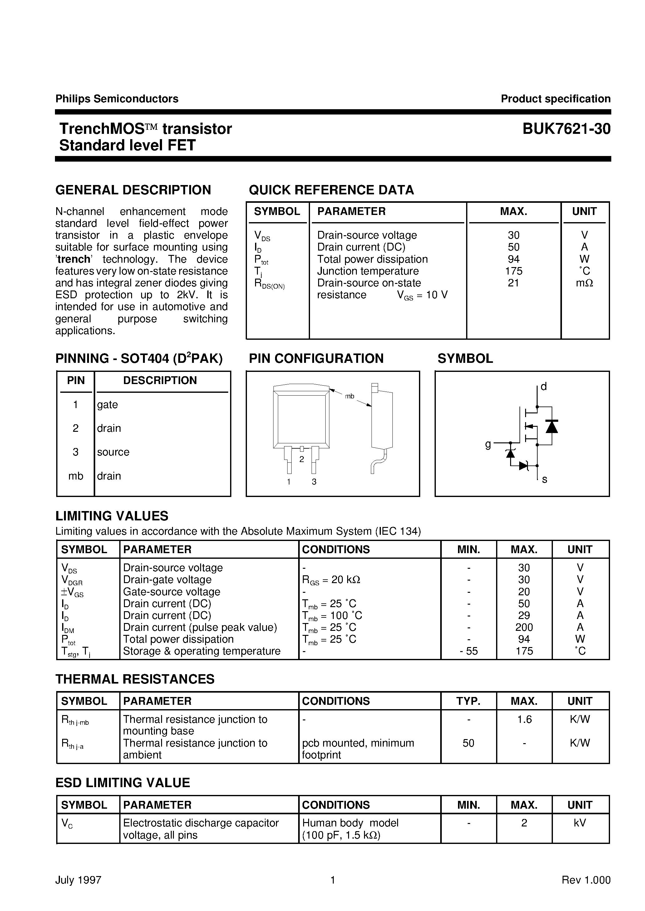Даташит BUK7621-30 - TrenchMOS transistor Standard level FET страница 1