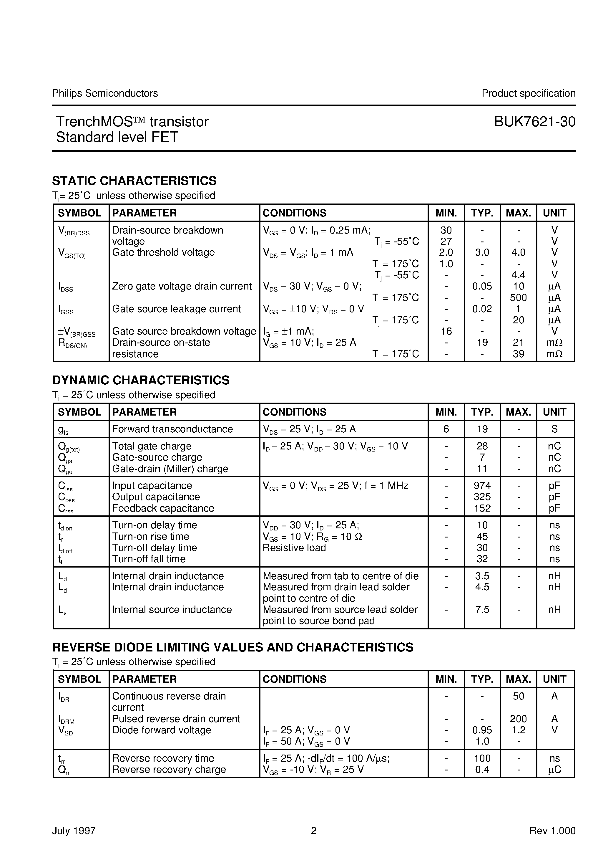 Даташит BUK7621-30 - TrenchMOS transistor Standard level FET страница 2
