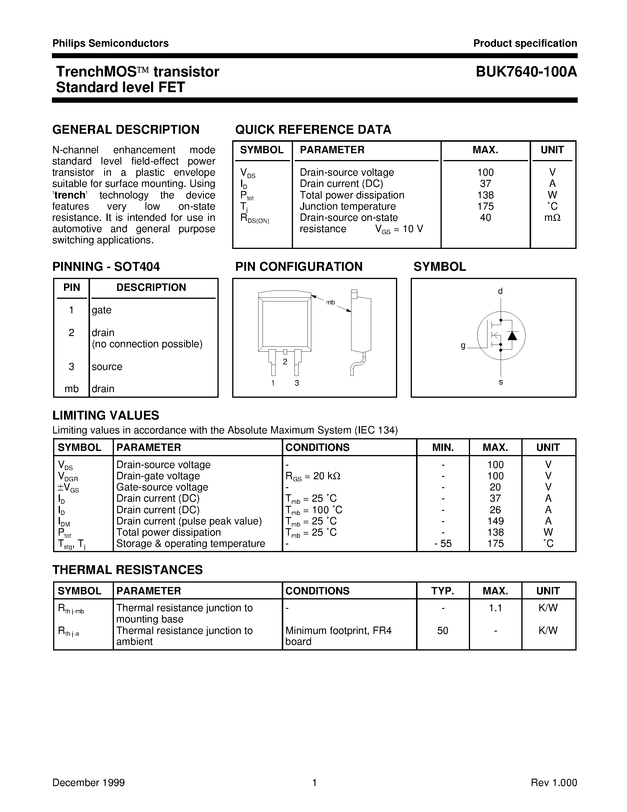Даташит BUK7640-100A - TrenchMOS transistor Standard level FET страница 1