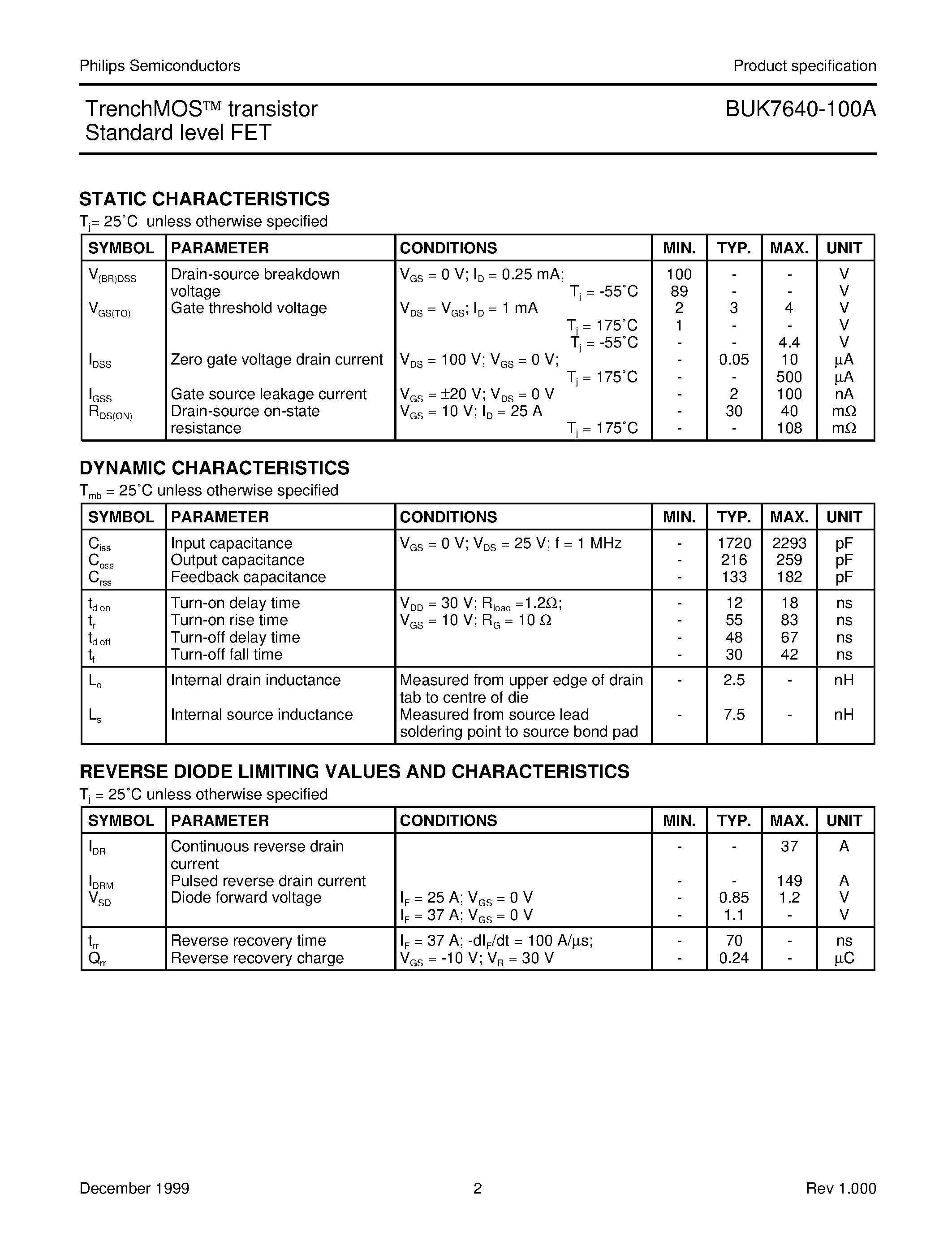 Даташит BUK7640-100A - TrenchMOS transistor Standard level FET страница 2