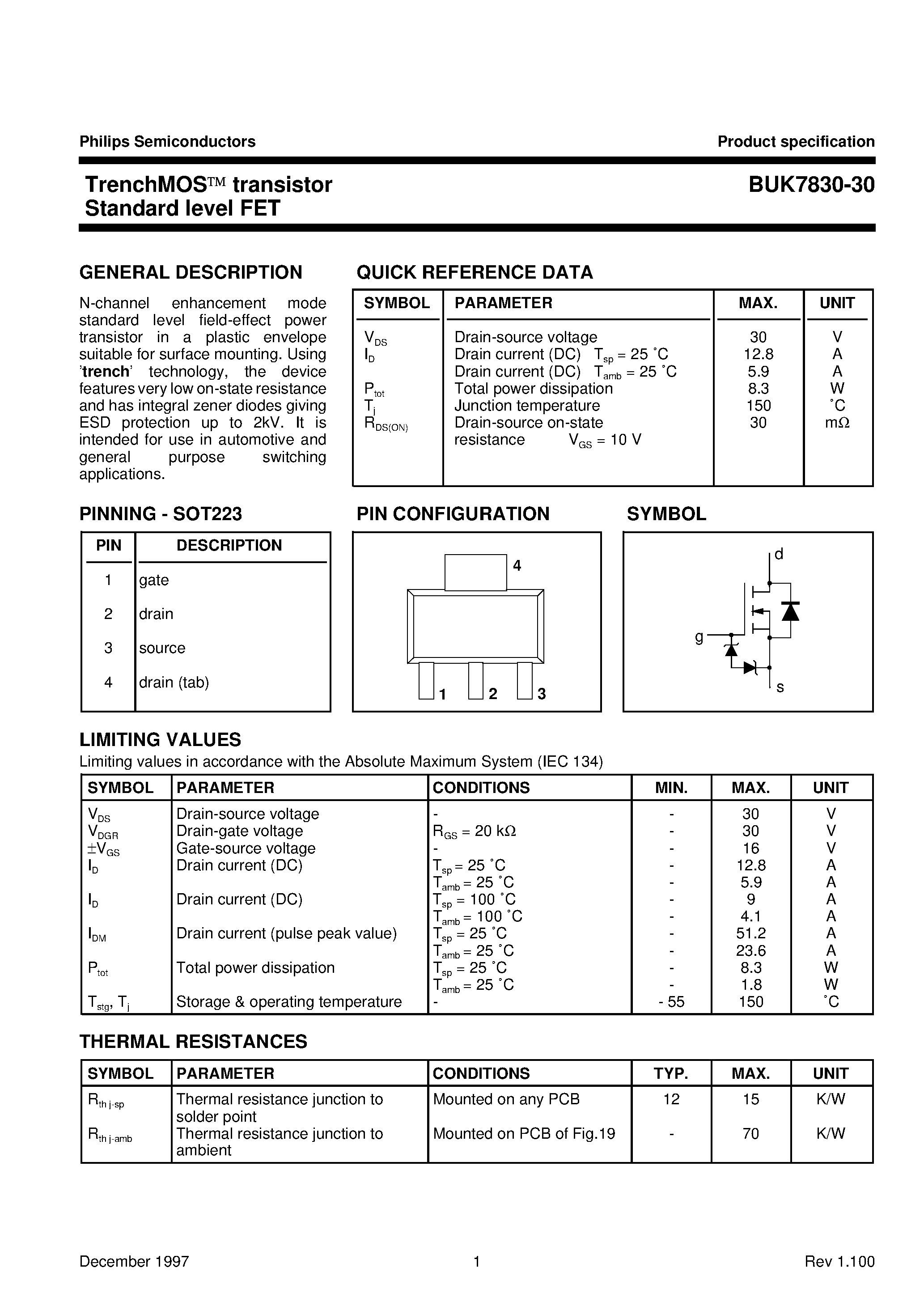 Даташит BUK7830-30 - TrenchMOS transistor Standard level FET страница 1