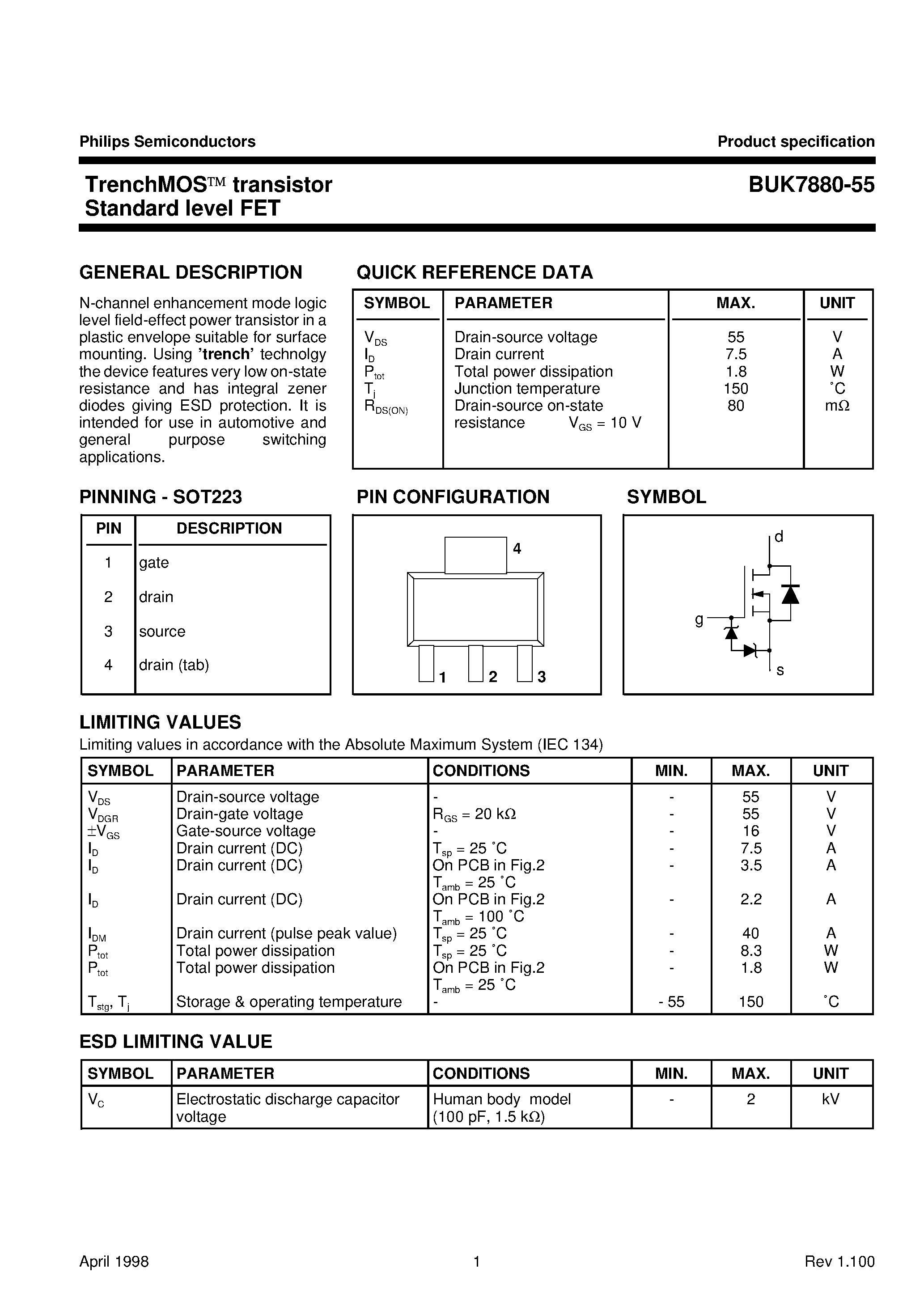 Даташит на микросхему BUK7880-55 страница 1 Даташит BUK7880-55 - TrenchMOS transistor Standard level FET страница 1