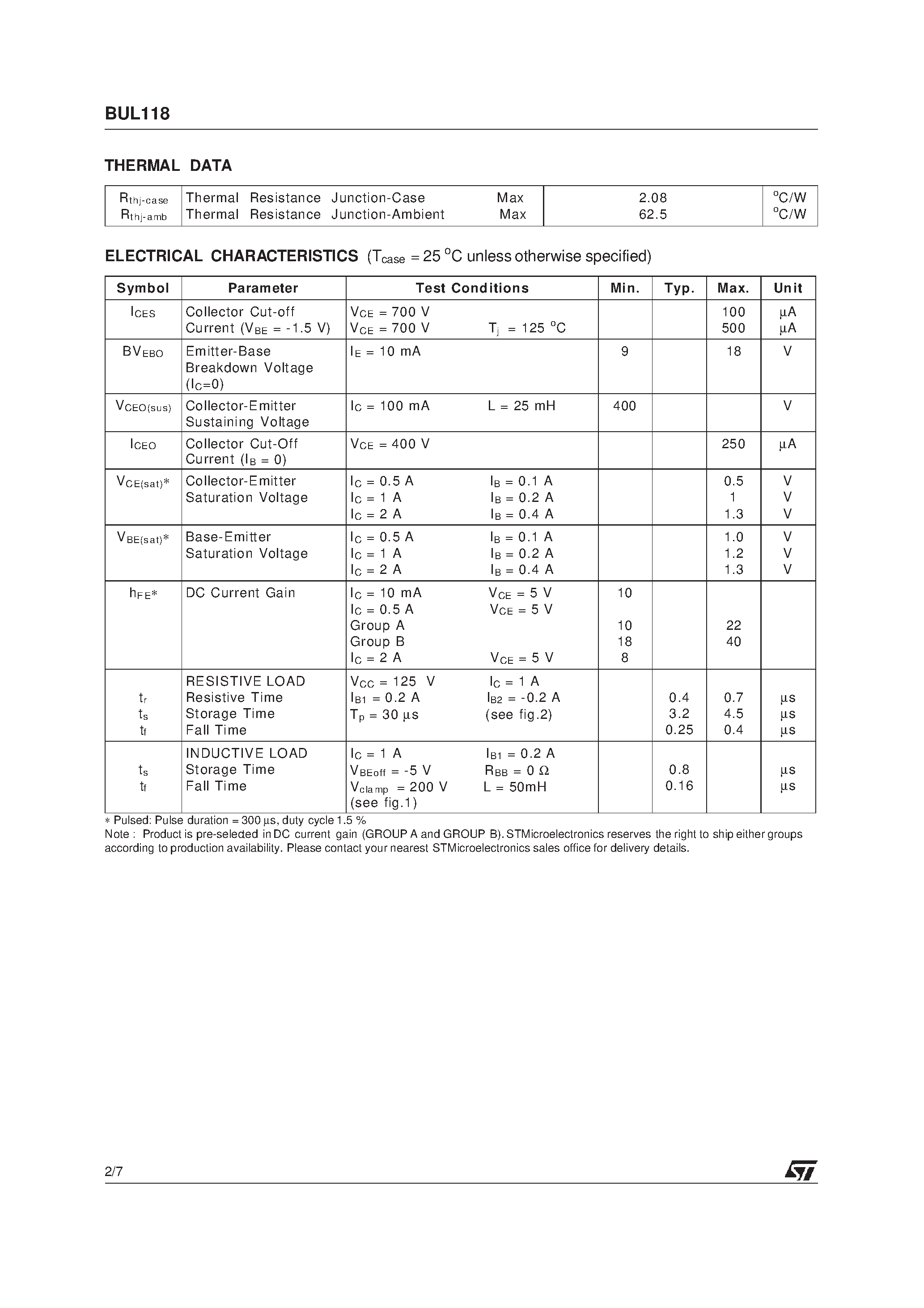 Datasheet BUL118 page 2 Datasheet BUL118 - HIGH VOLTAGE FAST-SWITCHING NPN POWER TRANSISTOR page 2