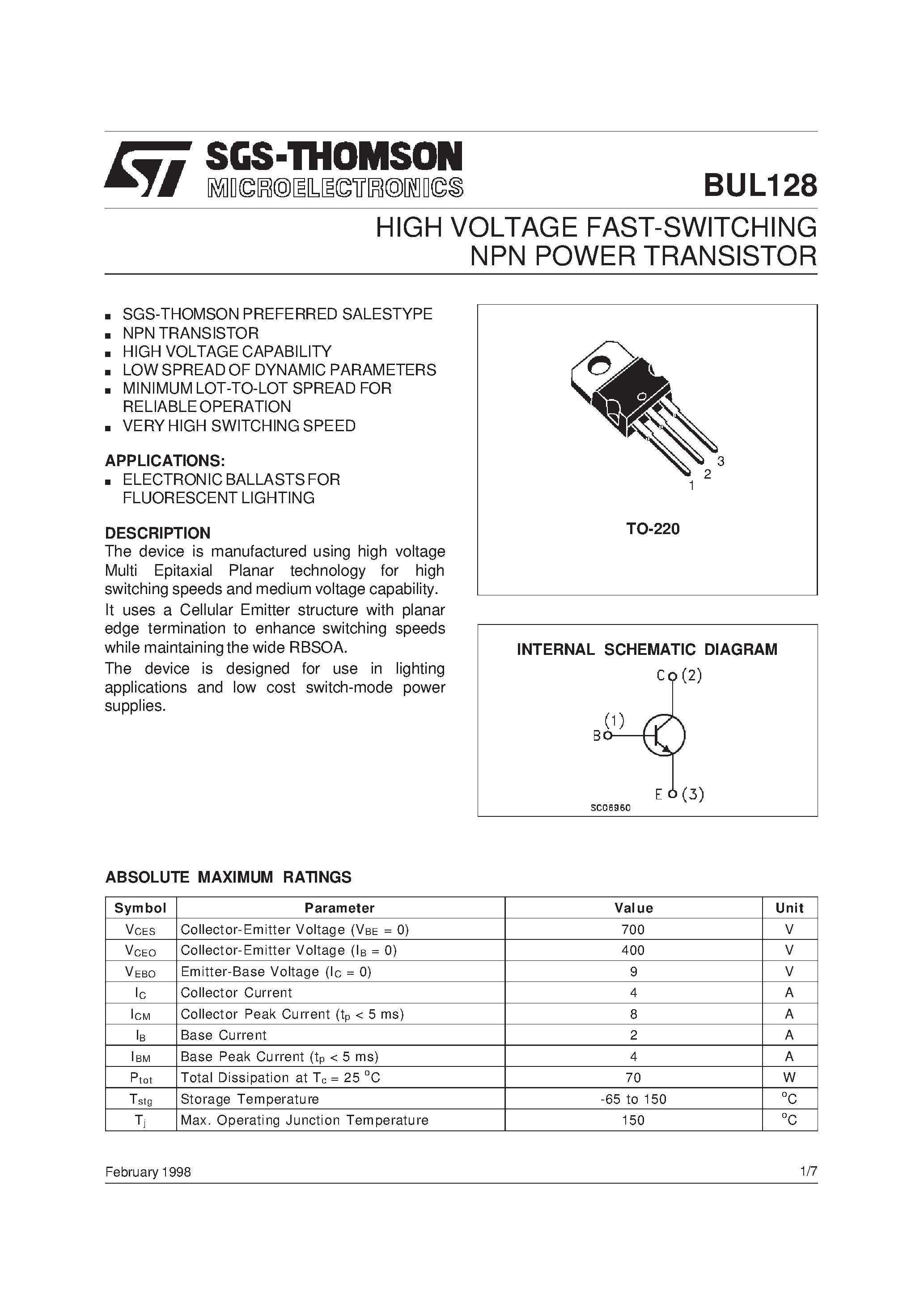 Datasheet BUL128 page 1 Datasheet BUL128 - HIGH VOLTAGE FAST-SWITCHING NPN POWER TRANSISTOR page 1
