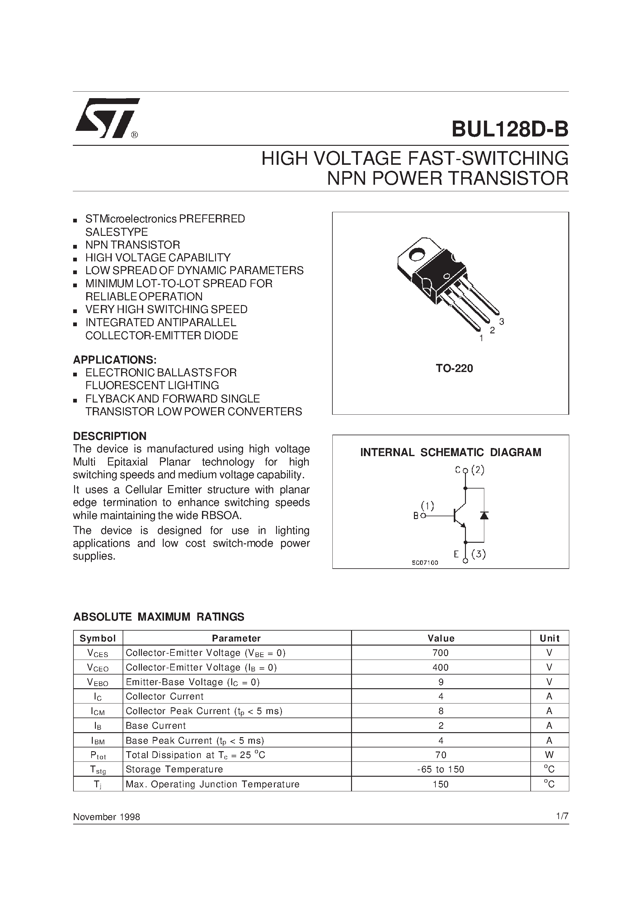 Datasheet BUL128D-B - HIGH VOLTAGE FAST-SWITCHING NPN POWER TRANSISTOR page 1