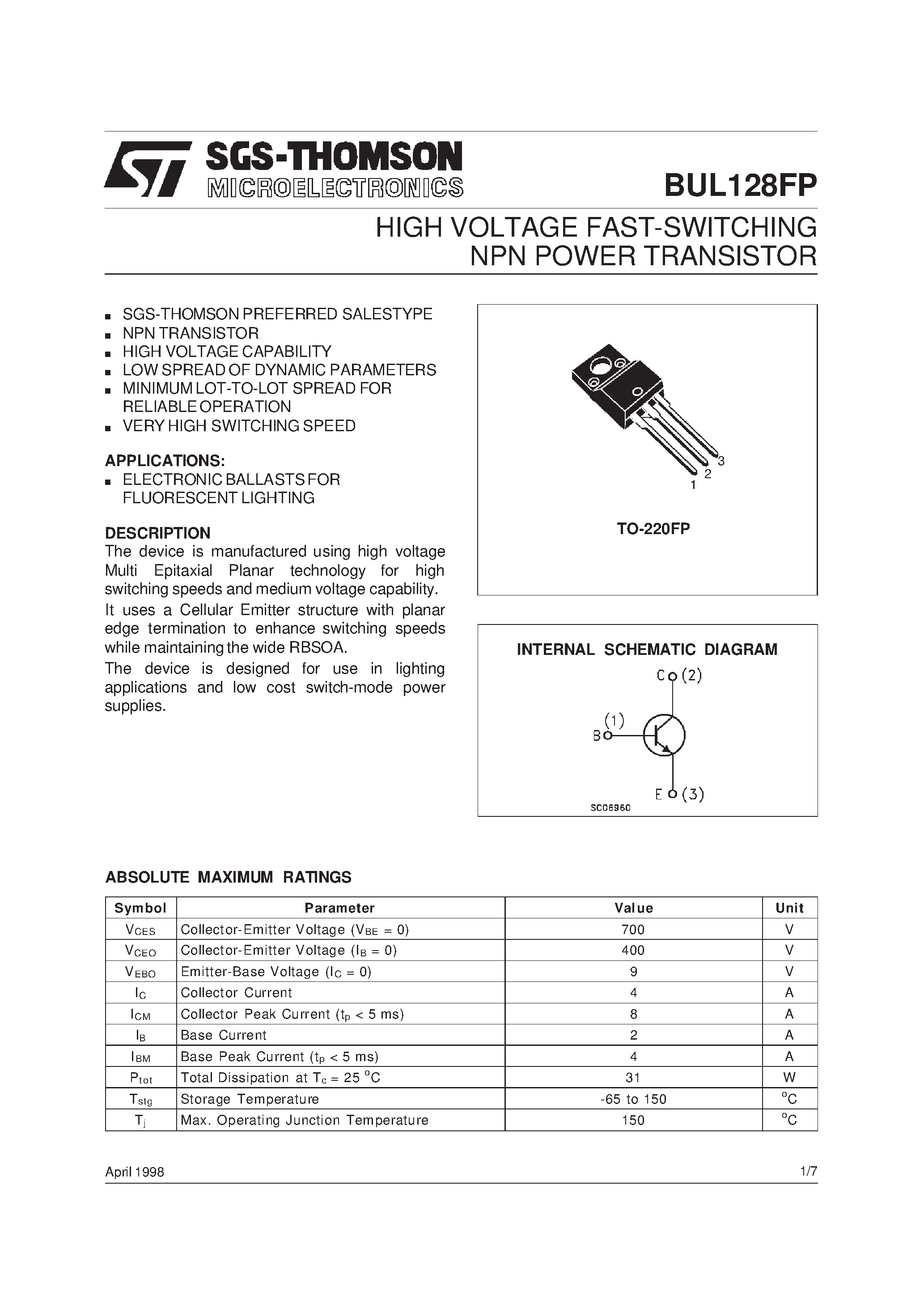 Datasheet BUL128FP page 1 Datasheet BUL128FP - HIGH VOLTAGE FAST-SWITCHING NPN POWER TRANSISTOR page 1