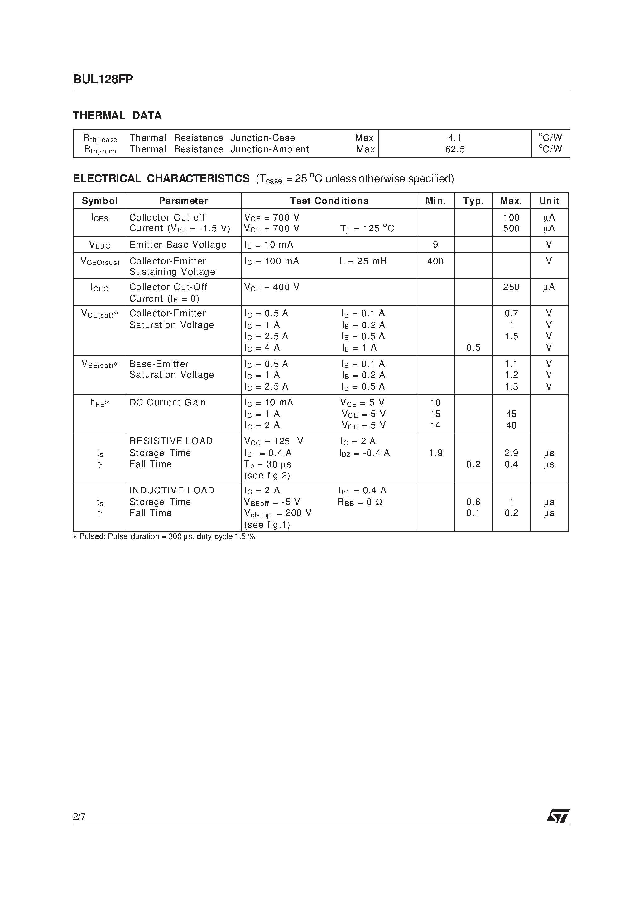 Datasheet BUL128FP page 2 Datasheet BUL128FP - HIGH VOLTAGE FAST-SWITCHING NPN POWER TRANSISTOR page 2