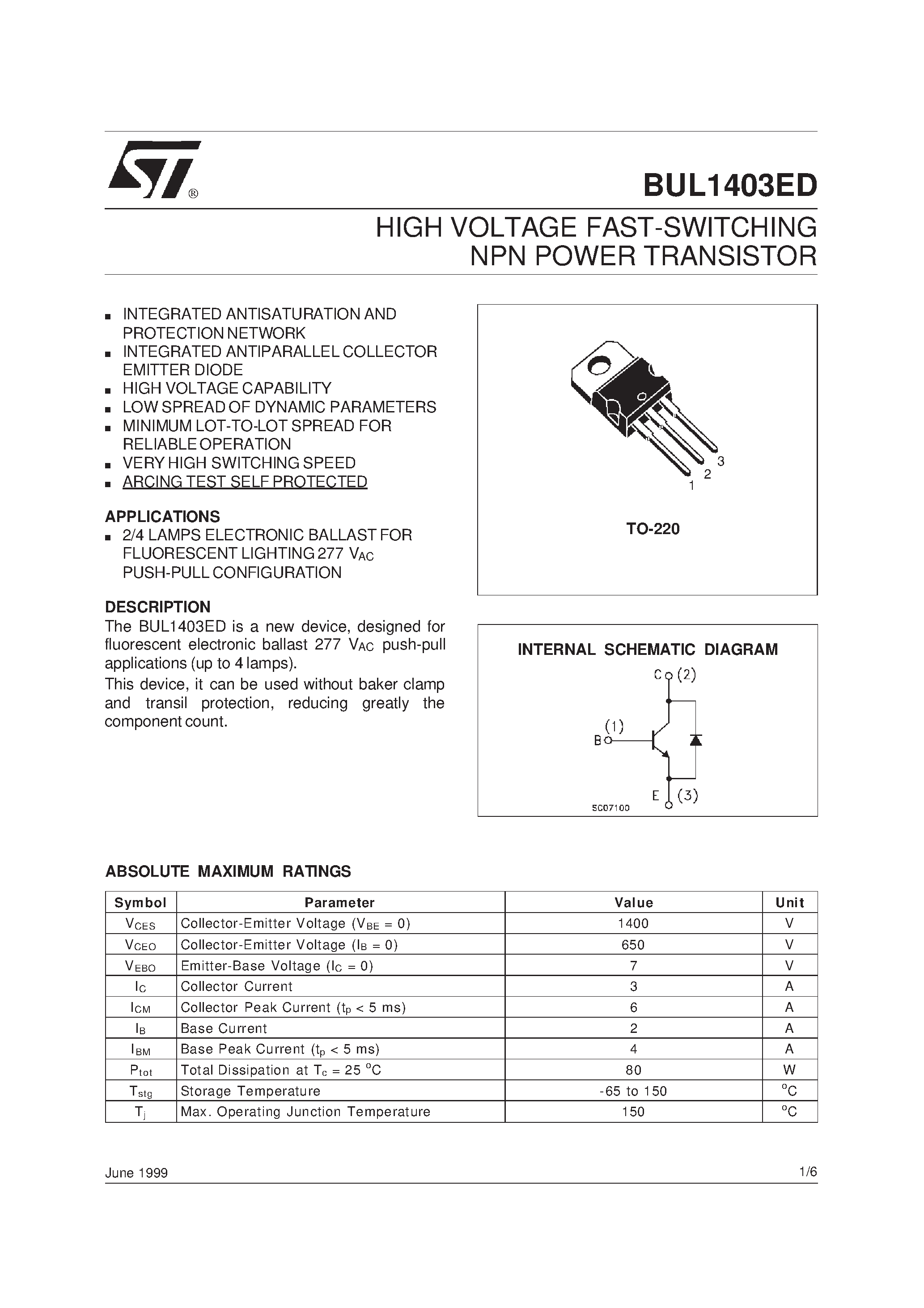 Datasheet BUL1403ED page 1 Datasheet BUL1403ED - HIGH VOLTAGE FAST-SWITCHING NPN POWER TRANSISTOR page 1