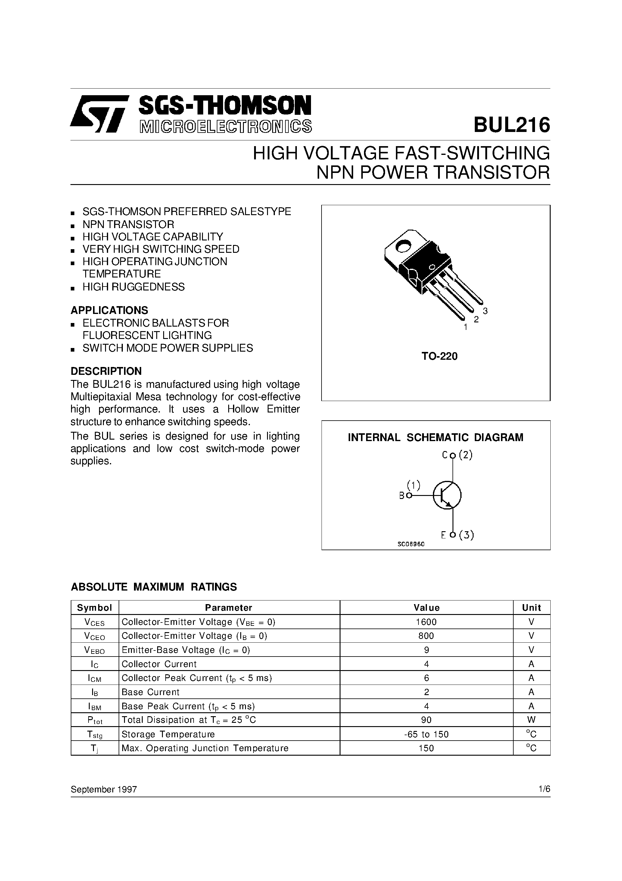 Datasheet BUL147F page 1 Datasheet BUL147F - POWER TRANSISTOR 8.0 AMPERES 700 VOLTS 45 and 125 WATTS page 1