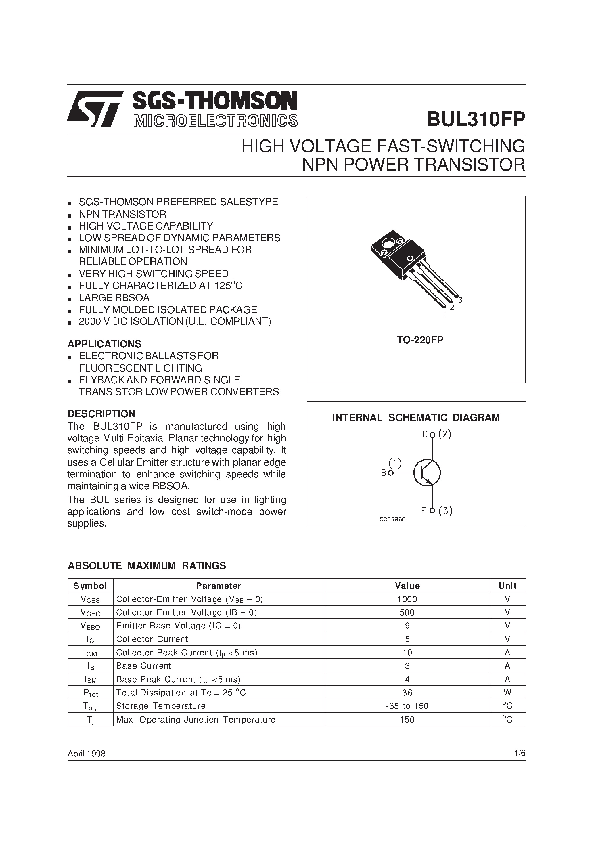 Datasheet BUL147F page 1 Datasheet BUL147F - POWER TRANSISTOR 8.0 AMPERES 700 VOLTS 45 and 125 WATTS page 1