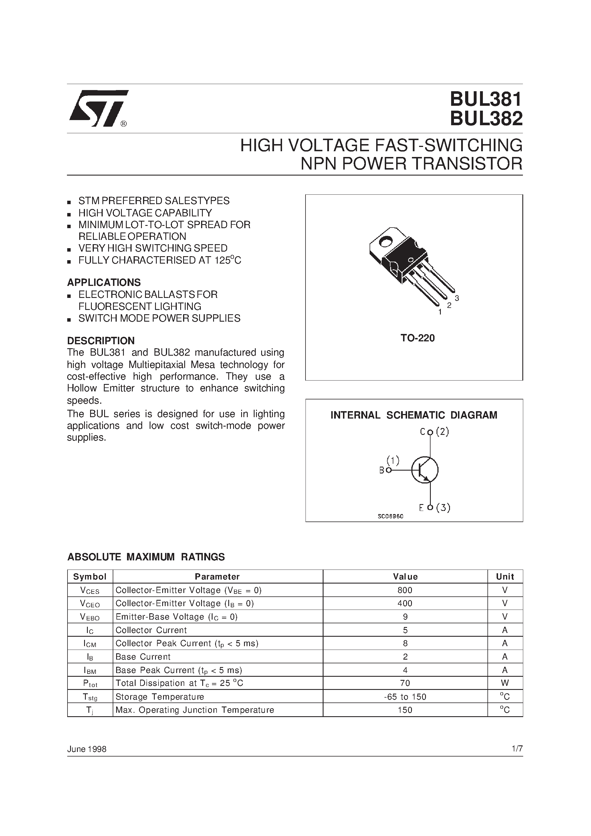 Даташит BUL382 - HIGH VOLTAGE FAST-SWITCHING NPN POWER TRANSISTOR страница 1