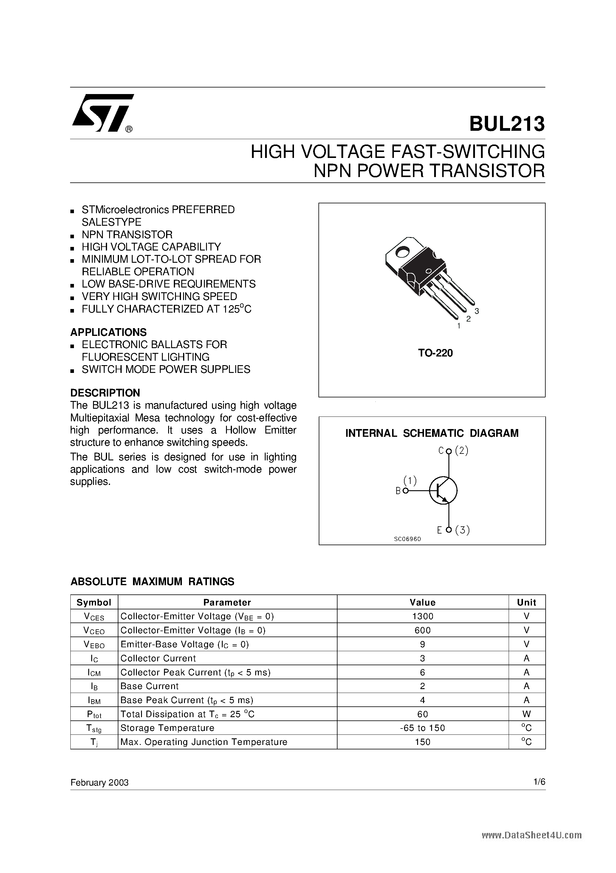 Даташит на микросхему BUL213 страница 1 Даташит BUL213 - HIGH VOLTAGE FAST-SWITCHING NPN POWER TRANSISTOR страница 1