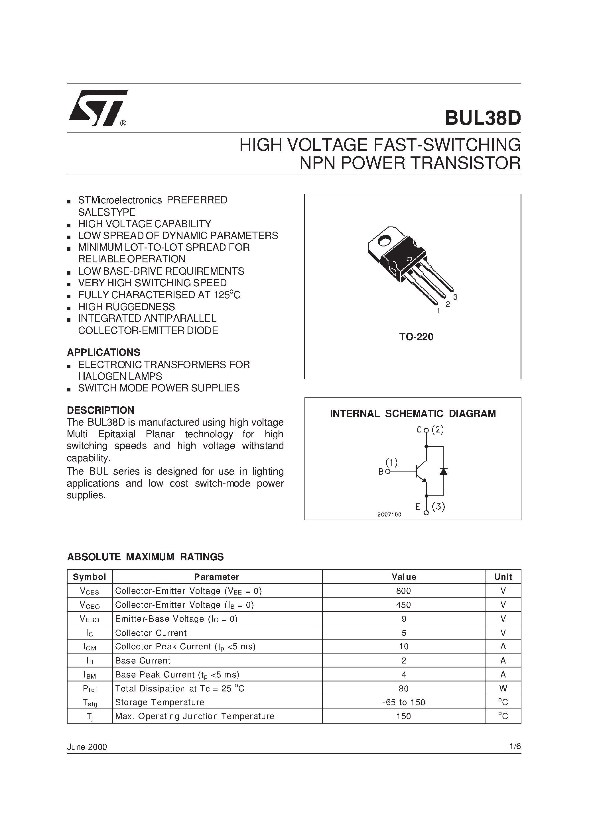Даташит на микросхему BUL38D страница 1 Даташит BUL38D - HIGH VOLTAGE FAST-SWITCHING NPN POWER TRANSISTOR страница 1