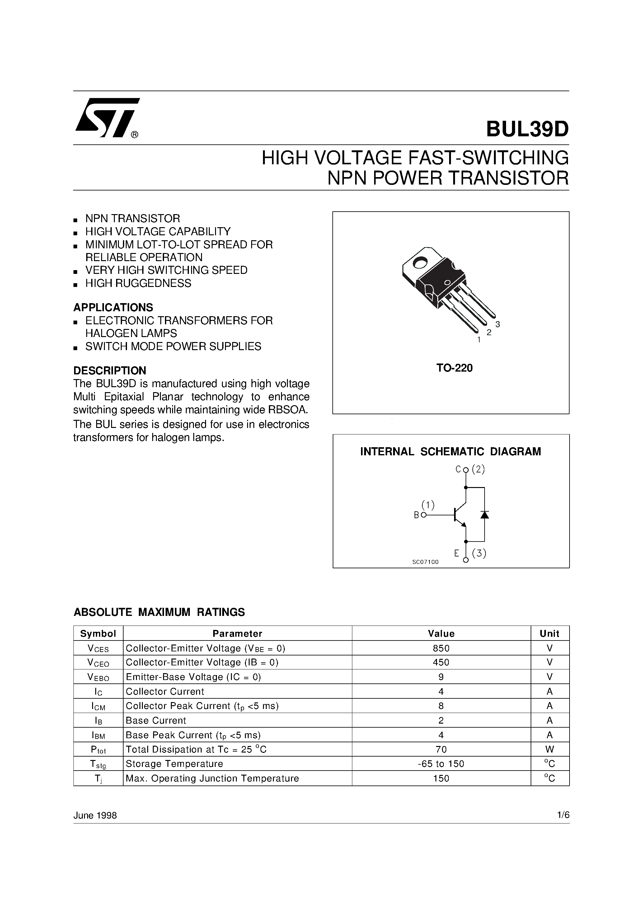 Даташит на микросхему BUL39 страница 1 Даташит BUL39 - HIGH VOLTAGE FAST-SWITCHING NPN POWER TRANSISTOR страница 1
