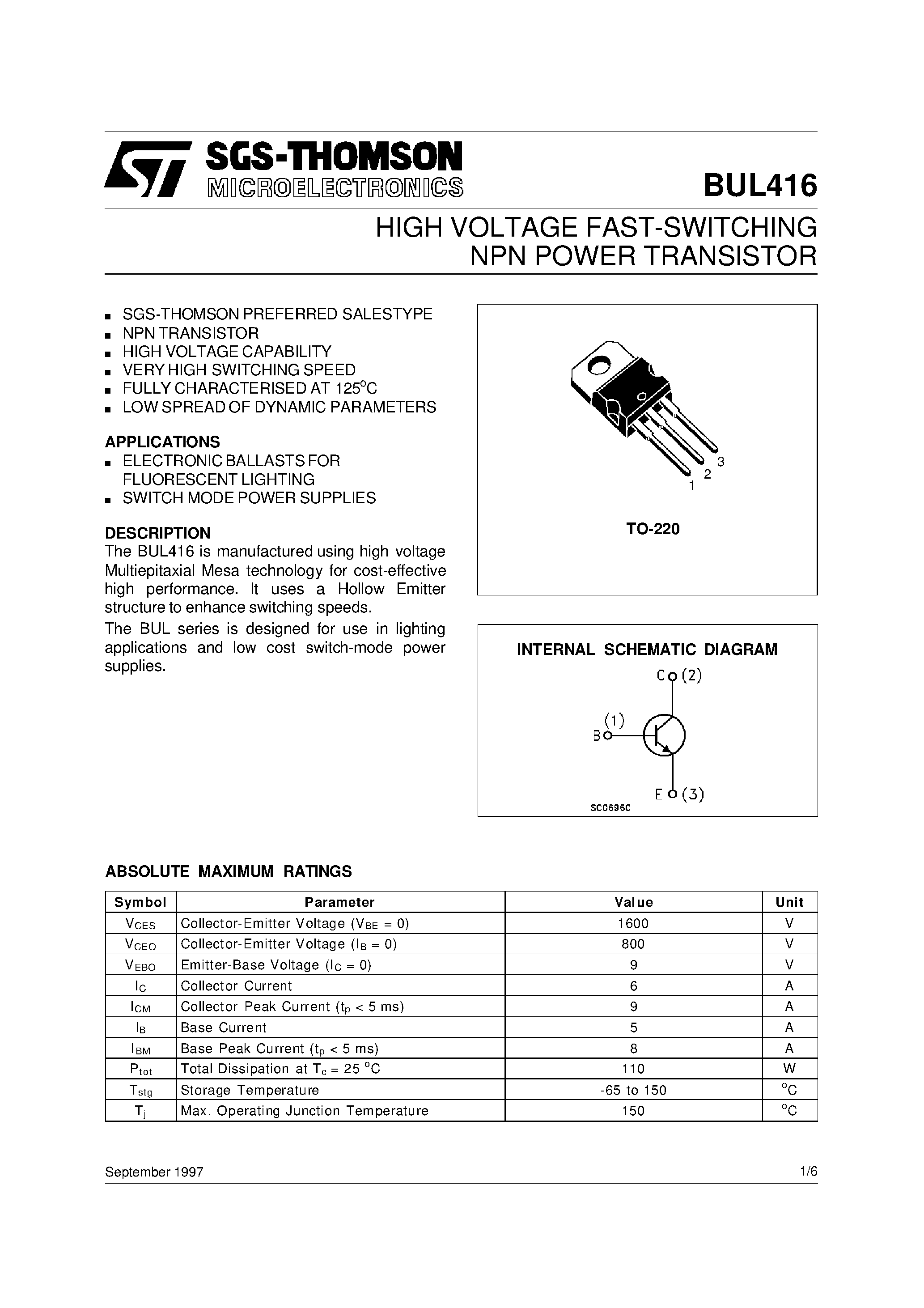 Даташит на микросхему BUL416 страница 1 Даташит BUL416 - HIGH VOLTAGE FAST-SWITCHING NPN POWER TRANSISTOR страница 1
