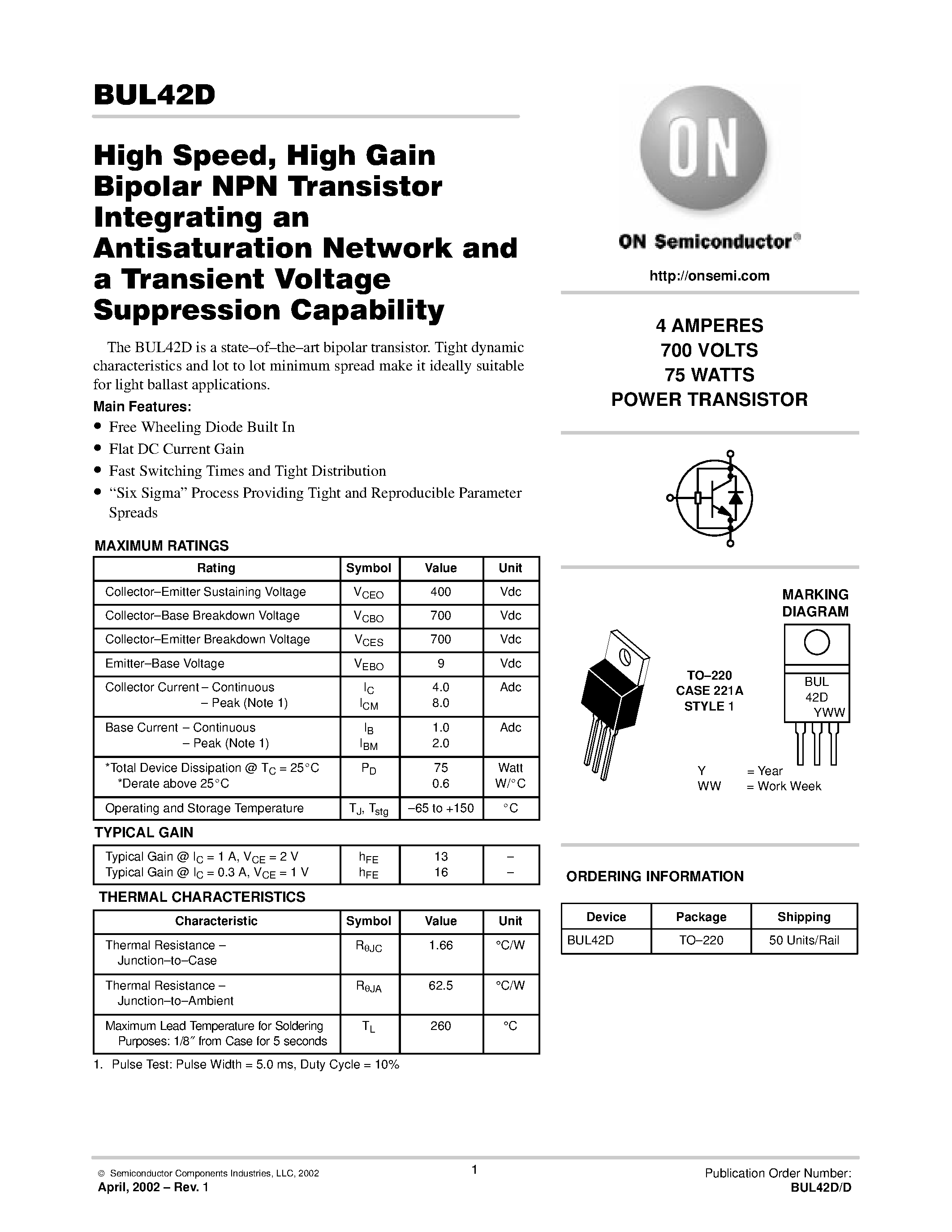 Datasheet BUL42D - 4 AMPERES 700 VOLTS 75 WATTS POWER TRANSISTOR page 1