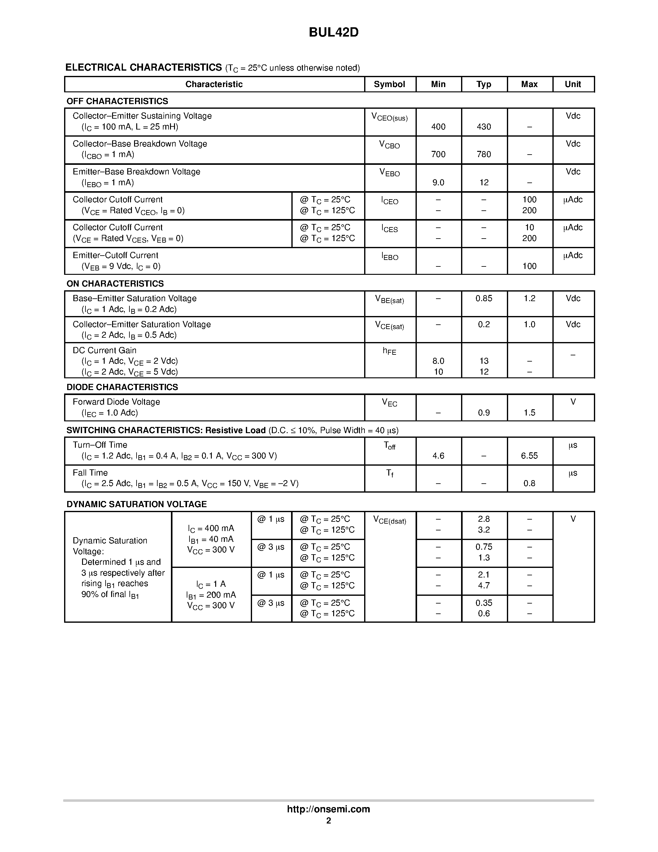 Datasheet BUL42D - 4 AMPERES 700 VOLTS 75 WATTS POWER TRANSISTOR page 2