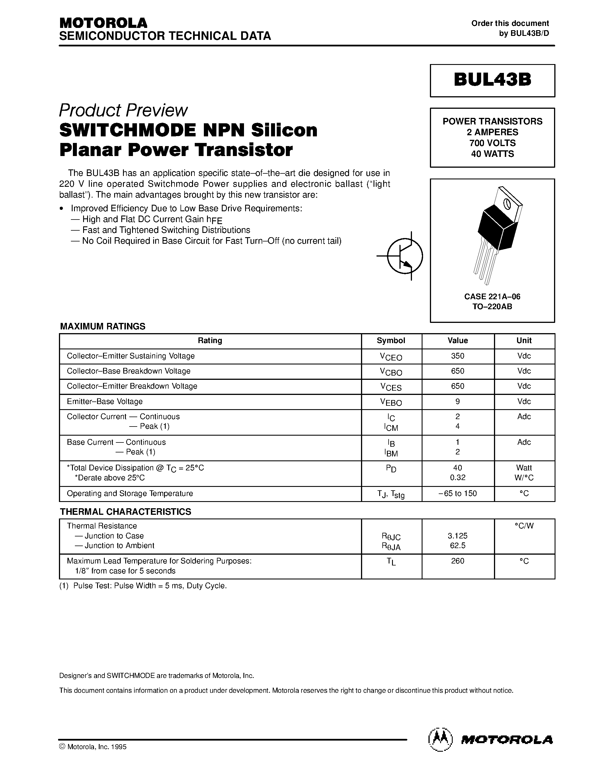 Даташит BUL43B - POWER TRANSISTORS 2 AMPERES 700 VOLTS 40 WATTS страница 1