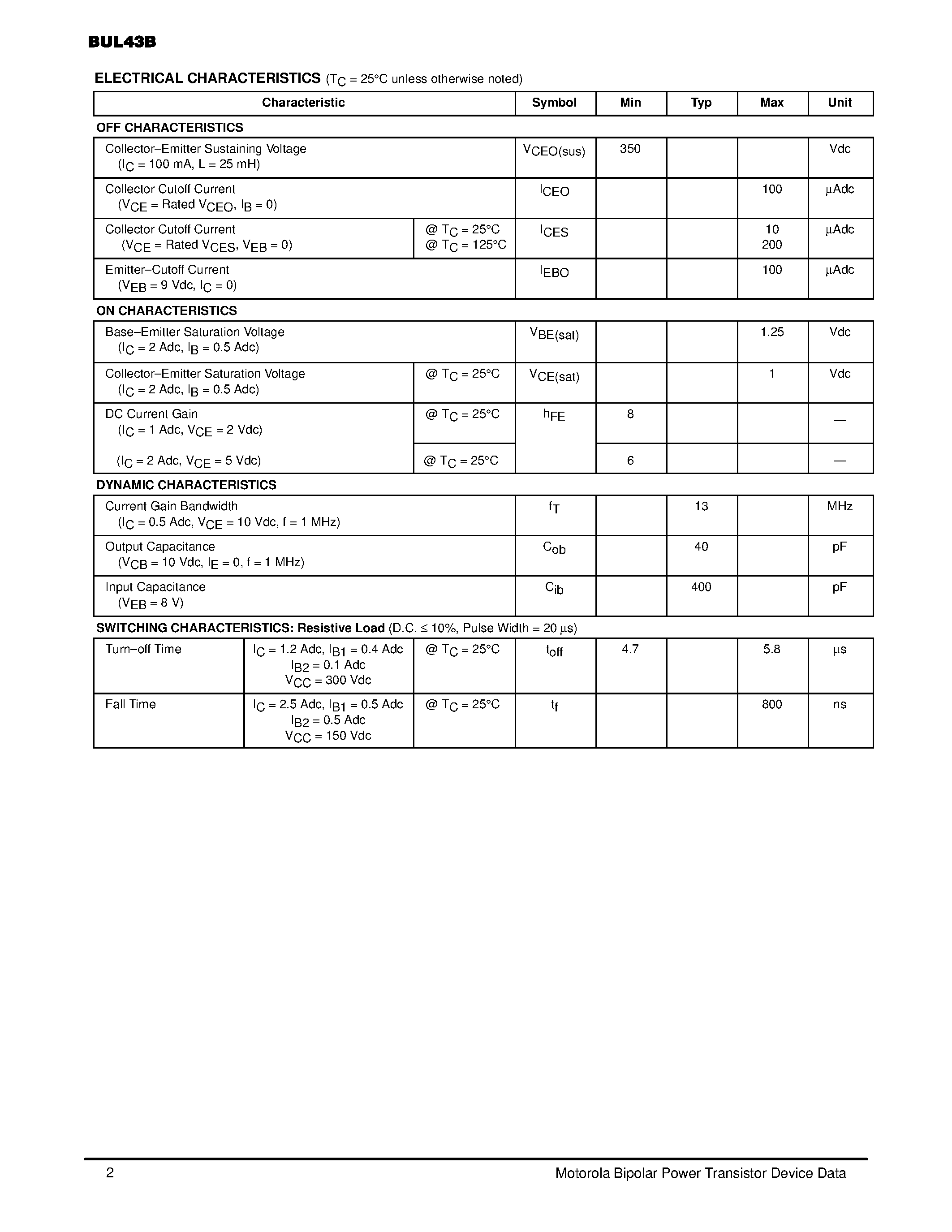 Даташит BUL43B - POWER TRANSISTORS 2 AMPERES 700 VOLTS 40 WATTS страница 2