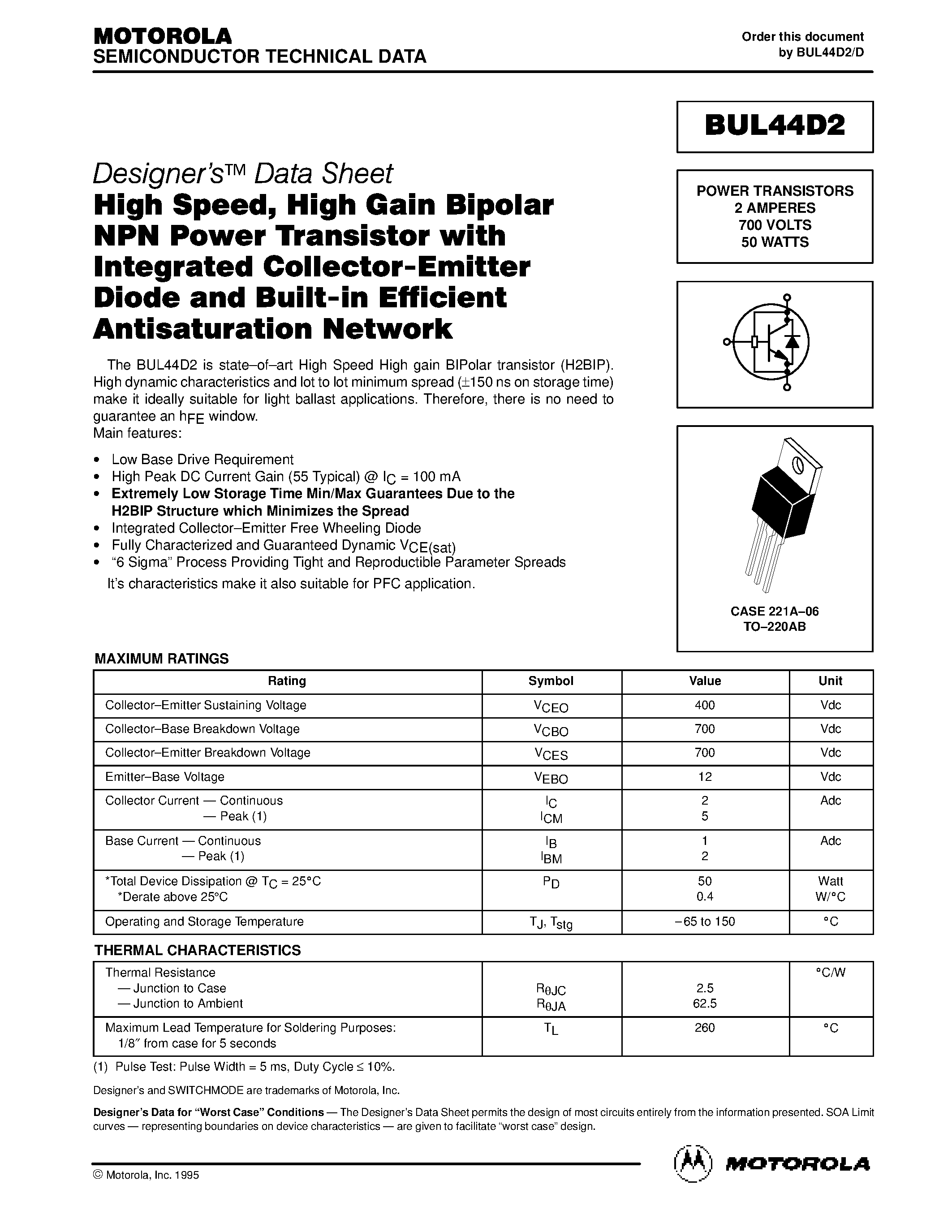 Даташит BUL44D2 - POWER TRANSISTORS 2 AMPERES 700 VOLTS 50 WATTS страница 1
