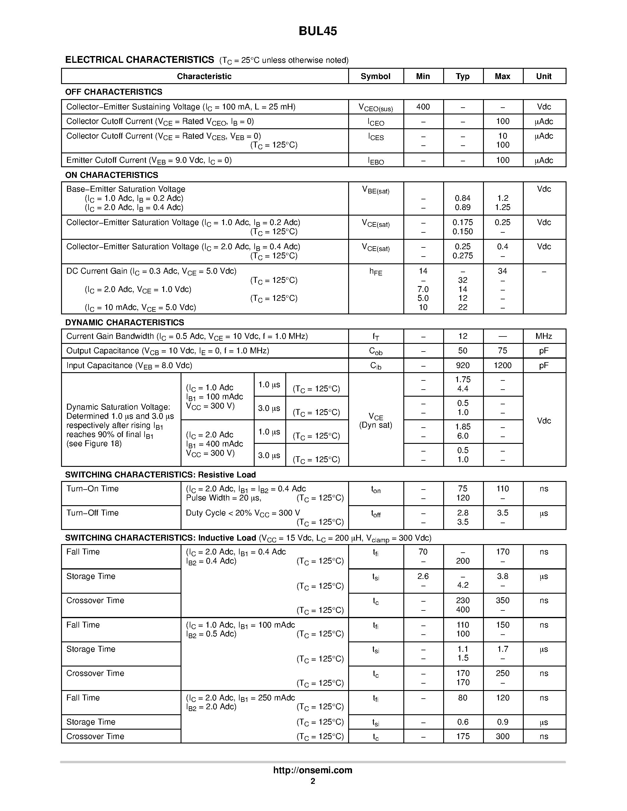 Datasheet BUL45 - POWER TRANSISTOR 5.0 AMPERES 700 VOLTS 35 and 75 WATTS page 2