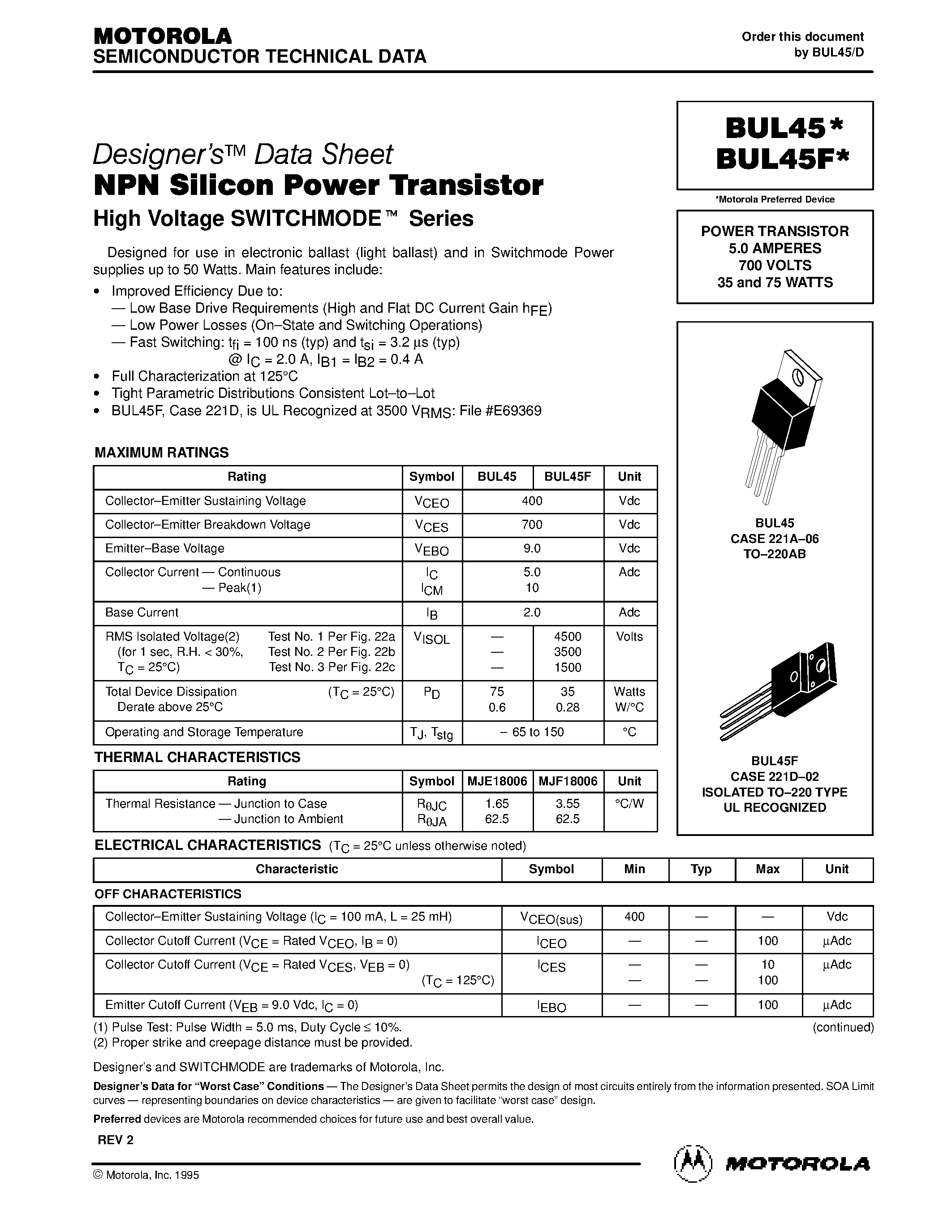 Datasheet BUL45F - POWER TRANSISTOR 5.0 AMPERES 700 VOLTS 35 and 75 WATTS page 1