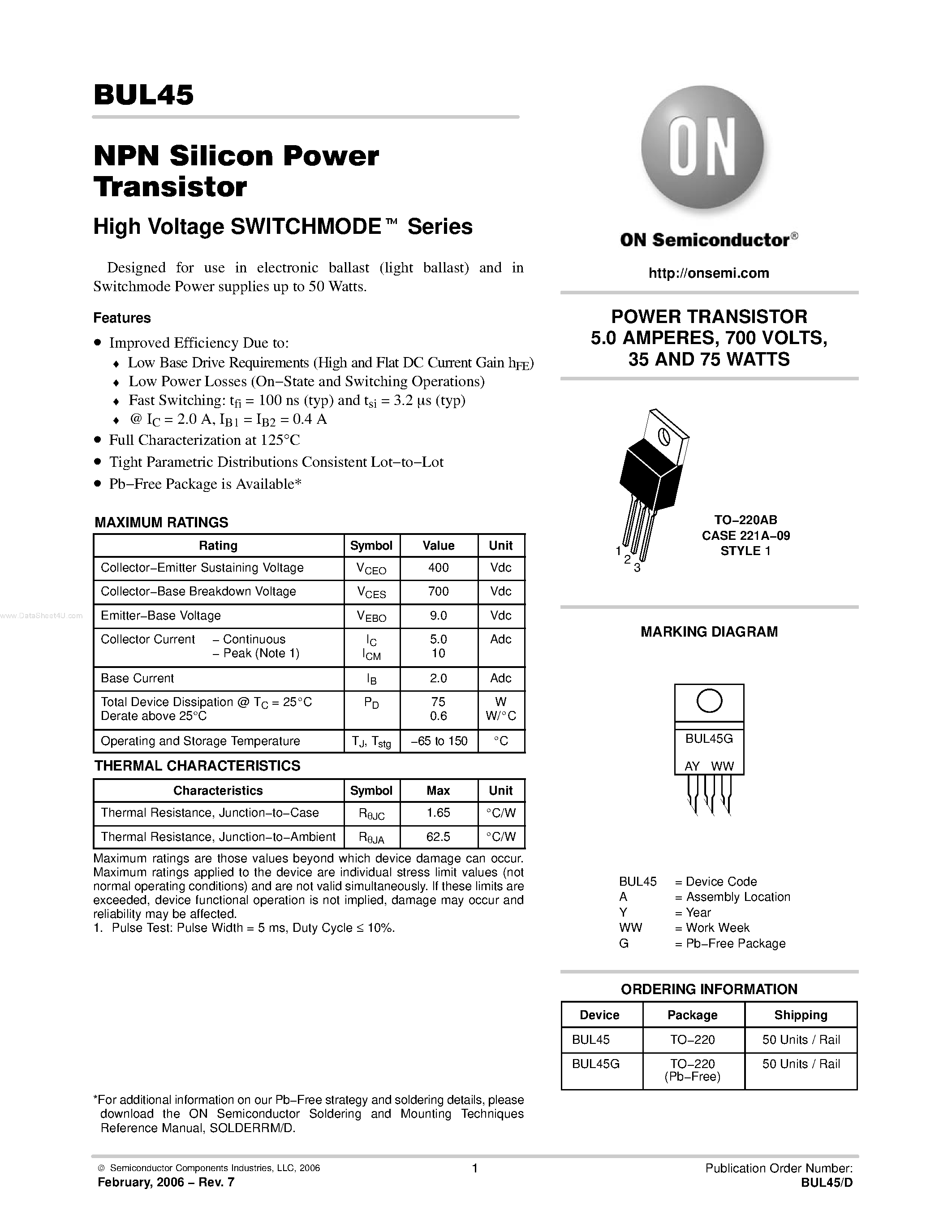 Datasheet BUL45F - POWER TRANSISTOR 5.0 AMPERES 700 VOLTS 35 and 75 WATTS page 1