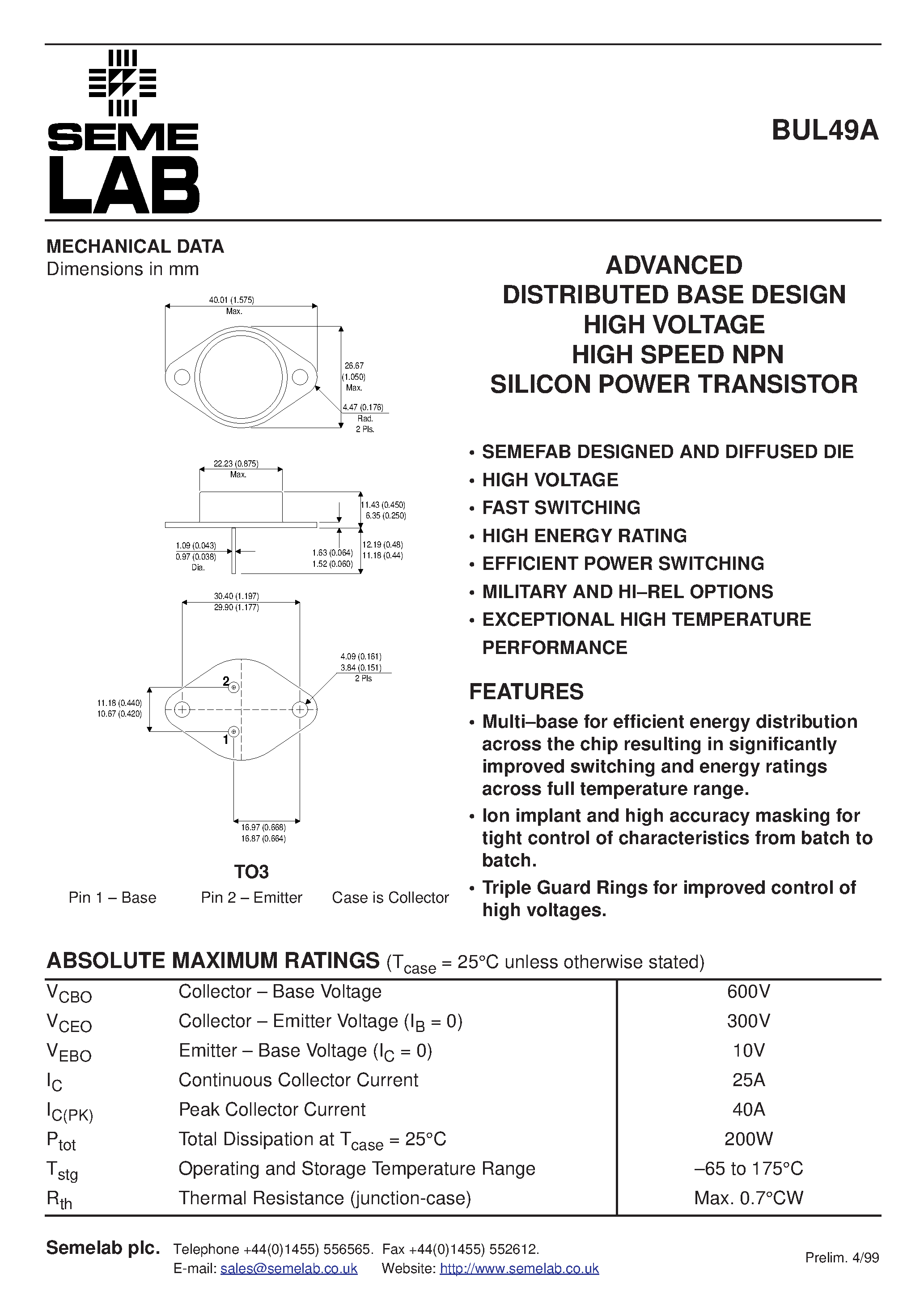 Datasheet BUL49A - ADVANCED DISTRIBUTED BASE DESIGN HIGH VOLTAGE HIGH SPEED NPN SILICON POWER TRANSISTOR page 1