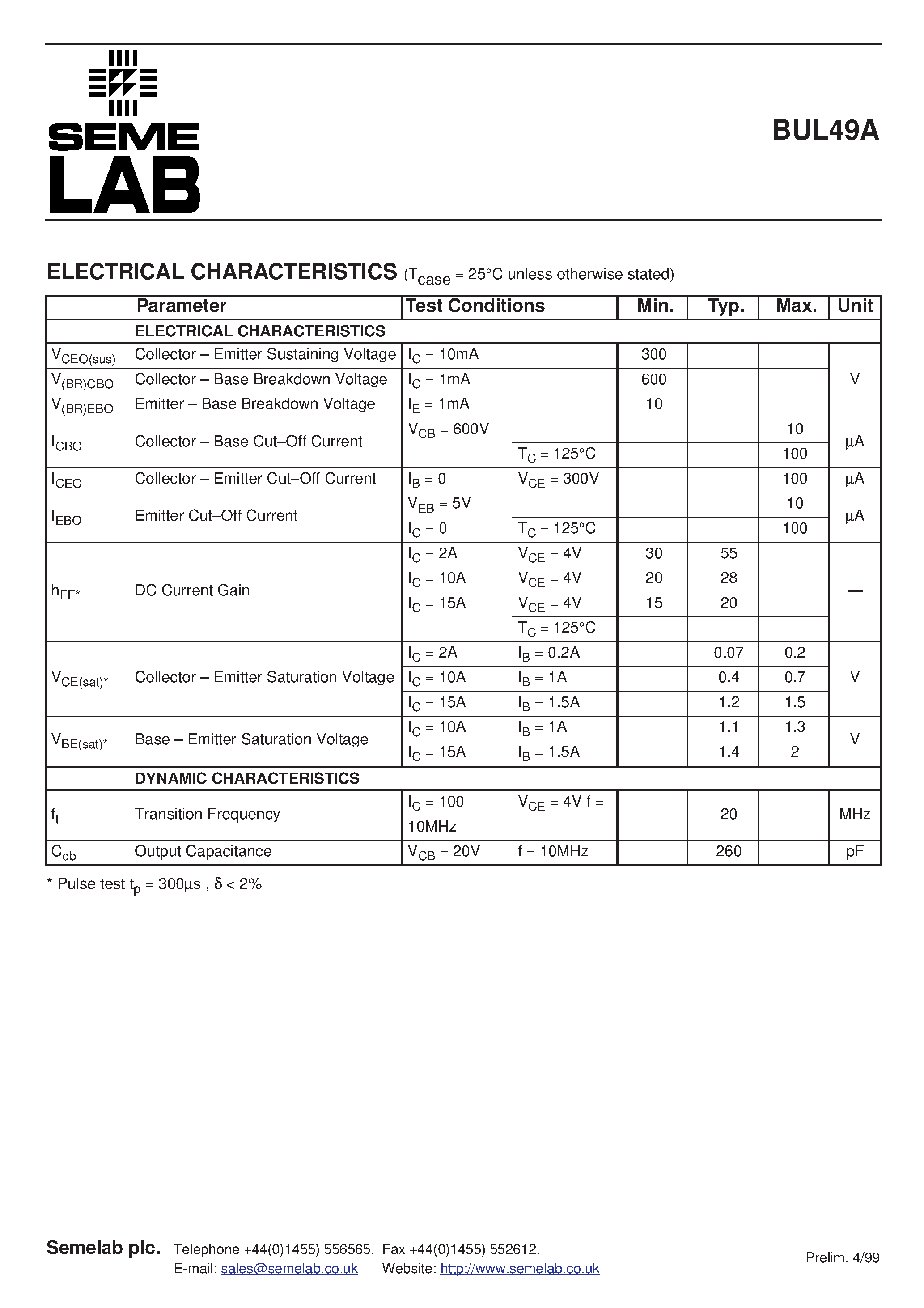 Datasheet BUL49A - ADVANCED DISTRIBUTED BASE DESIGN HIGH VOLTAGE HIGH SPEED NPN SILICON POWER TRANSISTOR page 2