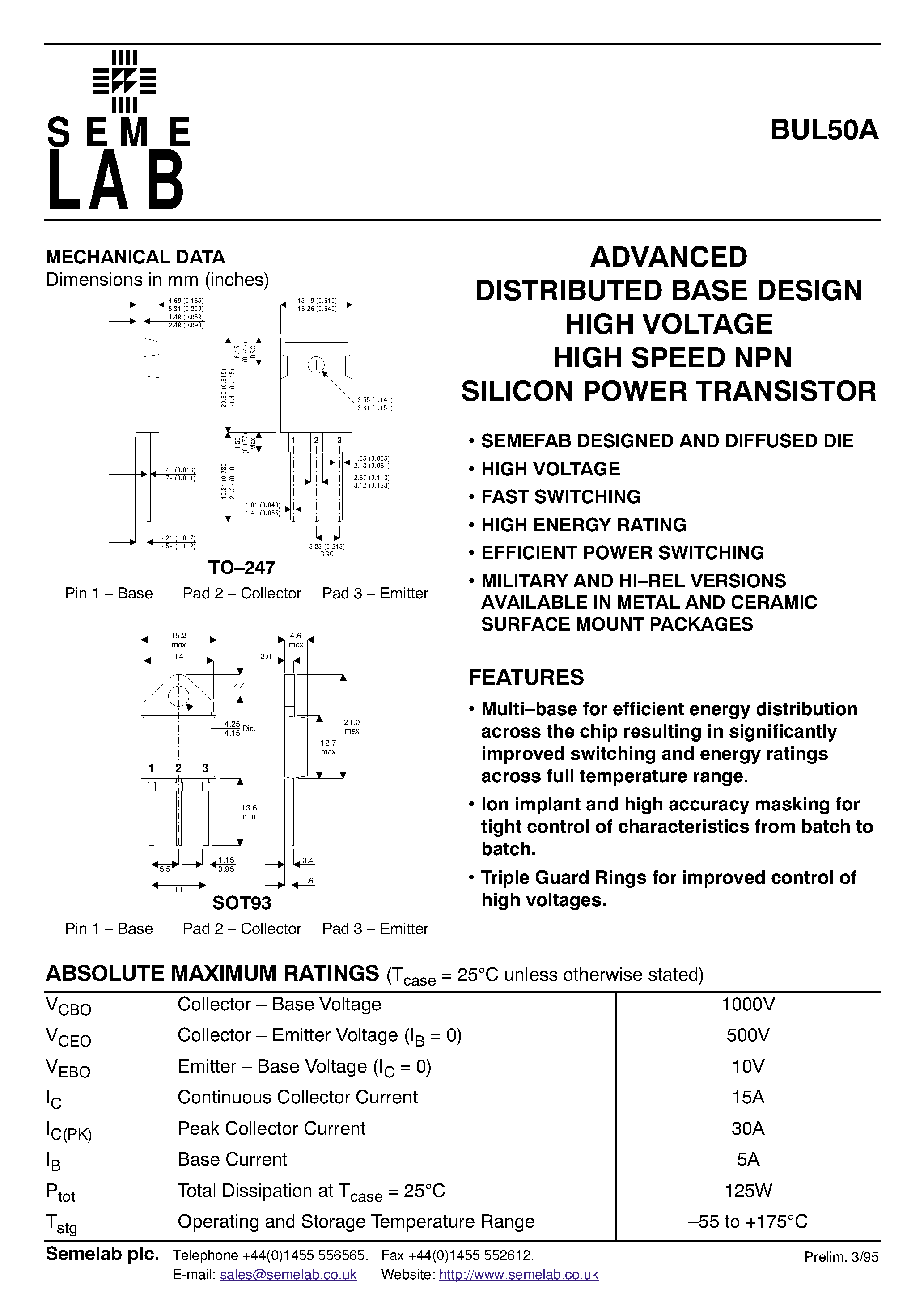 Datasheet BUL50A - ADVANCED DISTRIBUTED BASE DESIGN HIGH VOLTAGE HIGH SPEED NPN SILICON POWER TRANSISTOR page 1