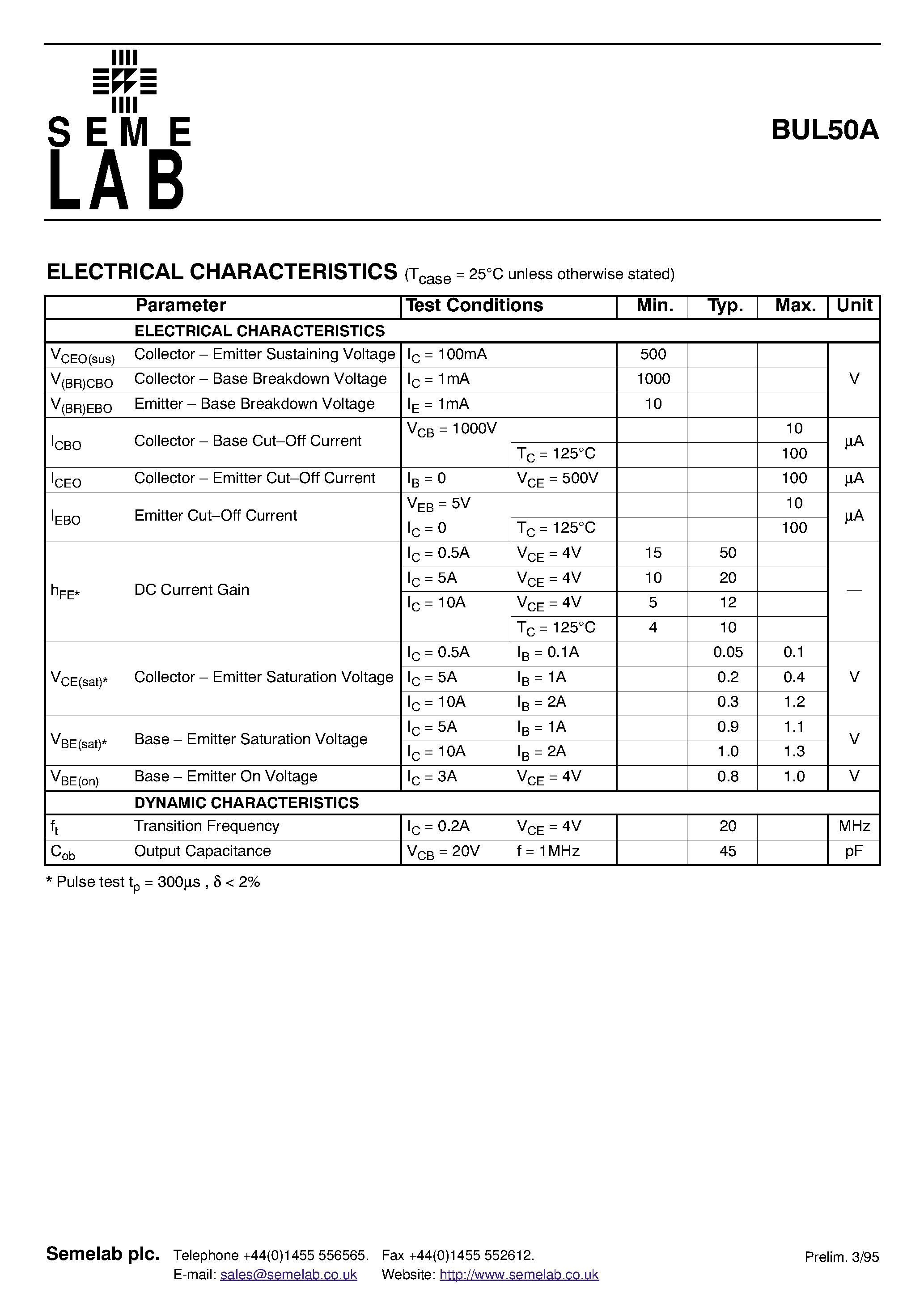 Datasheet BUL50A - ADVANCED DISTRIBUTED BASE DESIGN HIGH VOLTAGE HIGH SPEED NPN SILICON POWER TRANSISTOR page 2