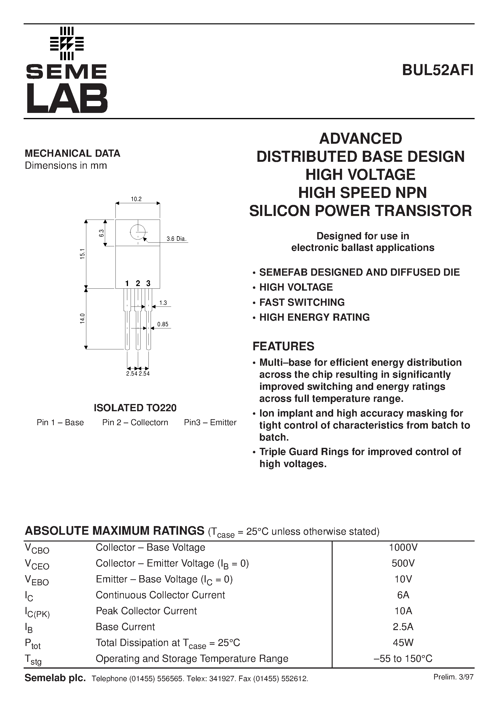 Datasheet BUL52AFI - ADVANCED DISTRIBUTED BASE DESIGN HIGH VOLTAGE HIGH SPEED NPN SILICON POWER TRANSISTOR page 1