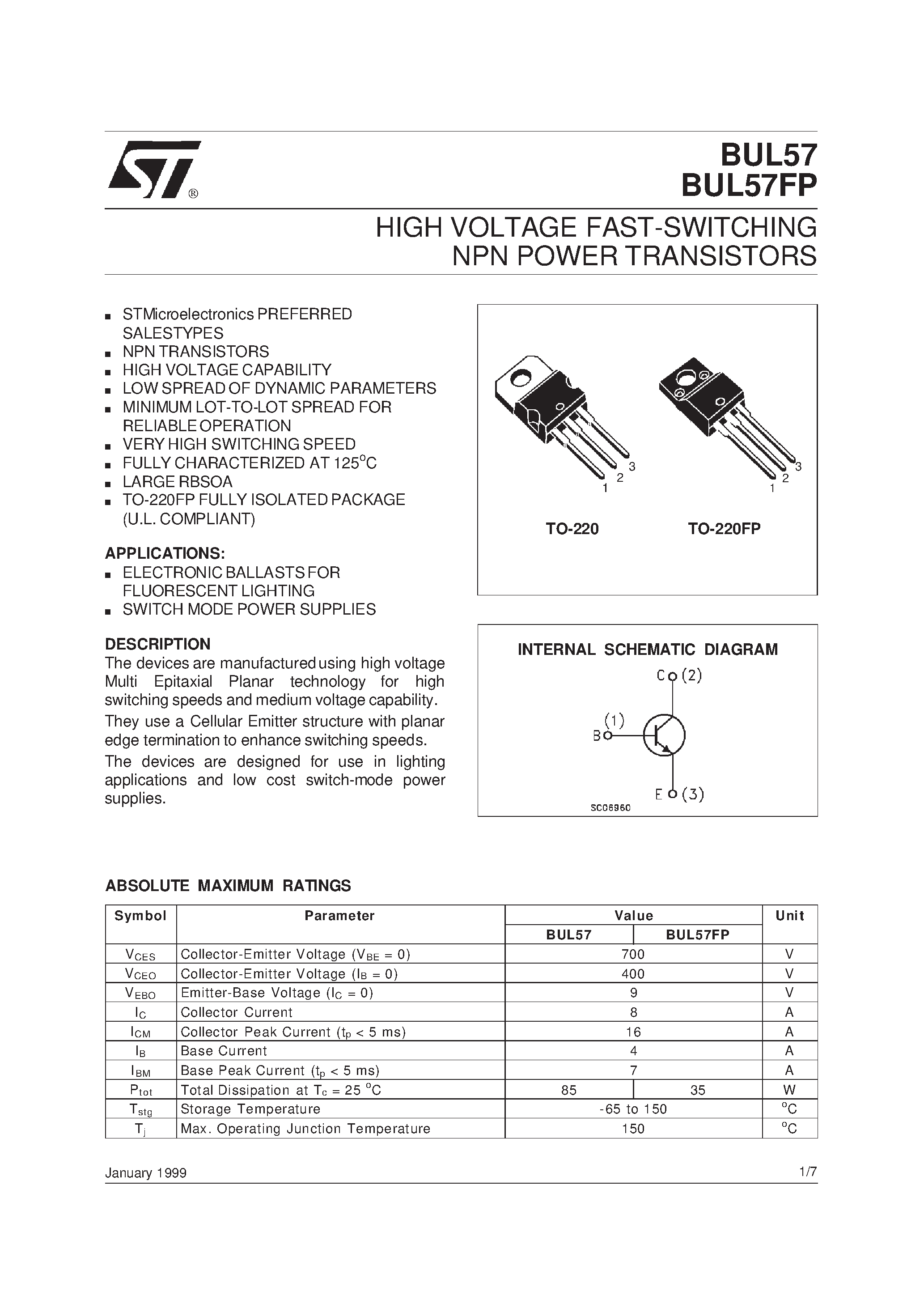 Даташит BUL57FP - HIGH VOLTAGE FAST-SWITCHING NPN POWER TRANSISTORS страница 1