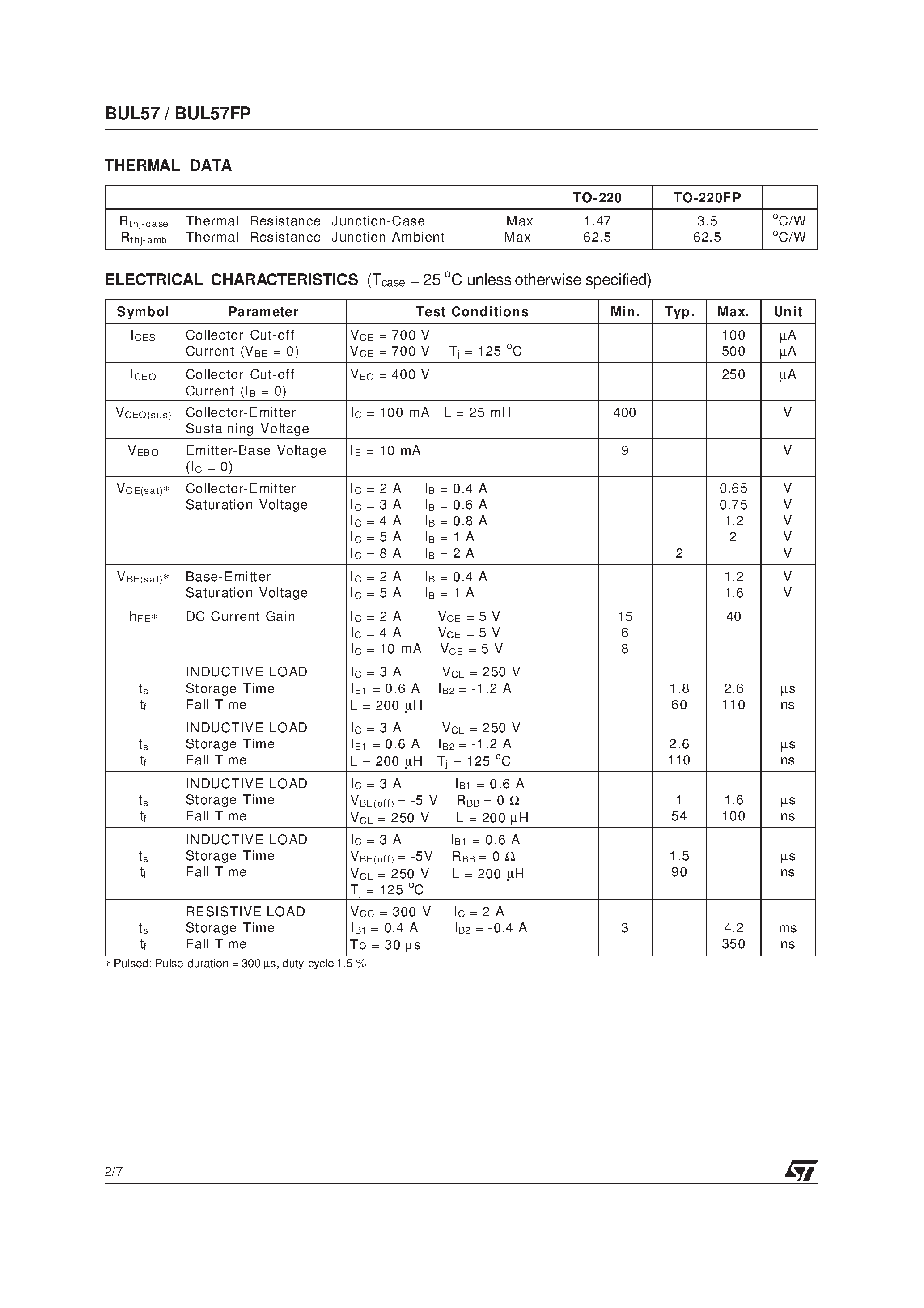 Даташит BUL57FP - HIGH VOLTAGE FAST-SWITCHING NPN POWER TRANSISTORS страница 2