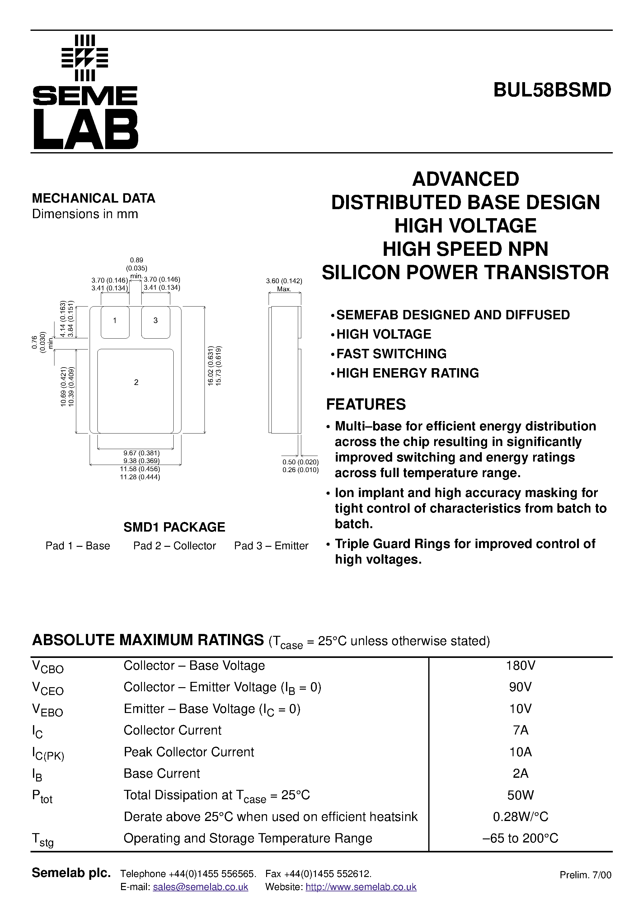 Datasheet BUL58 - ADVANCED DISTRIBUTED BASE DESIGN HIGH VOLTAGE HIGH SPEED NPN SILICON POWER TRANSISTOR page 1
