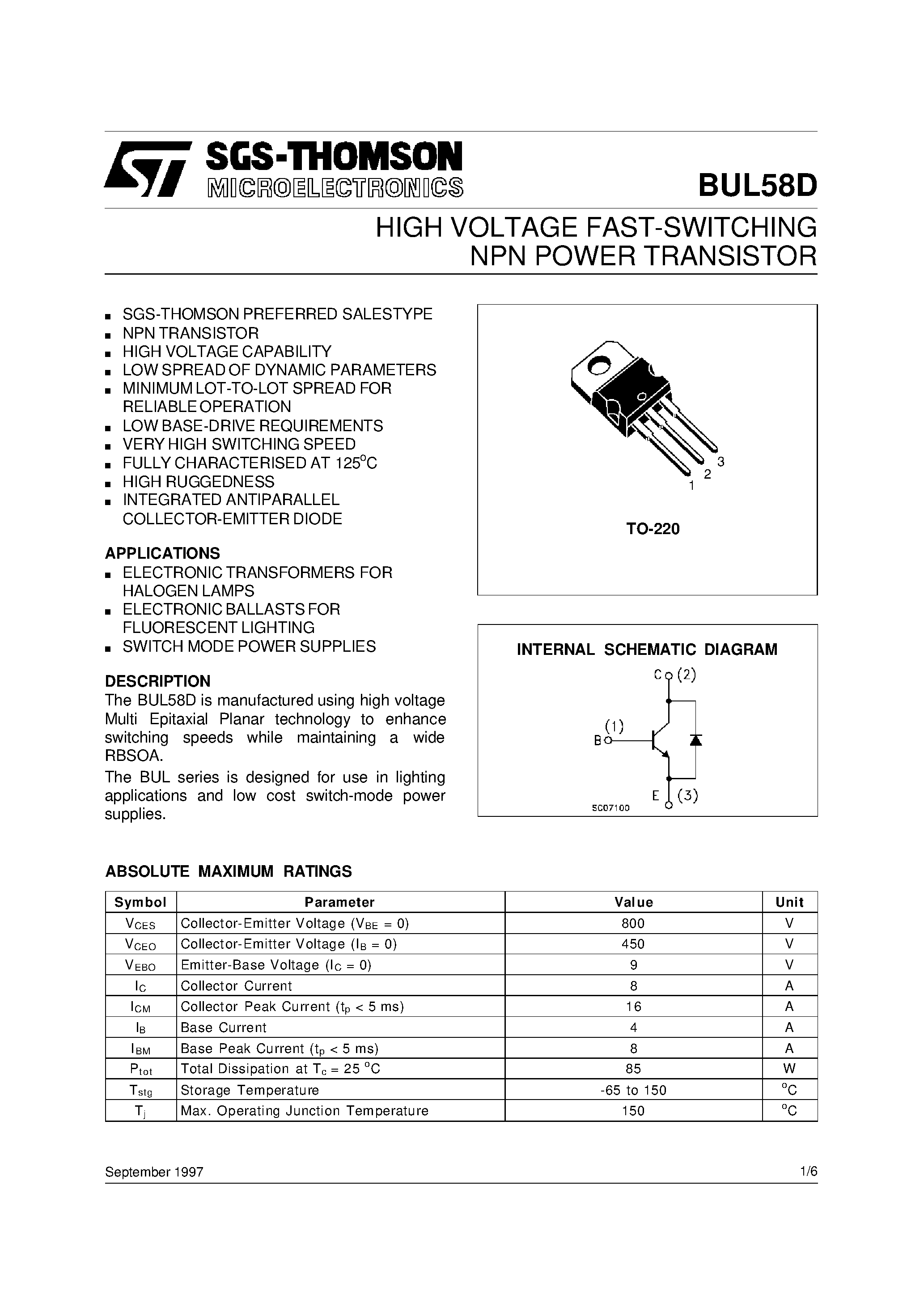 Даташит на микросхему BUL58D страница 1 Даташит BUL58D - HIGH VOLTAGE FAST-SWITCHING NPN POWER TRANSISTOR страница 1