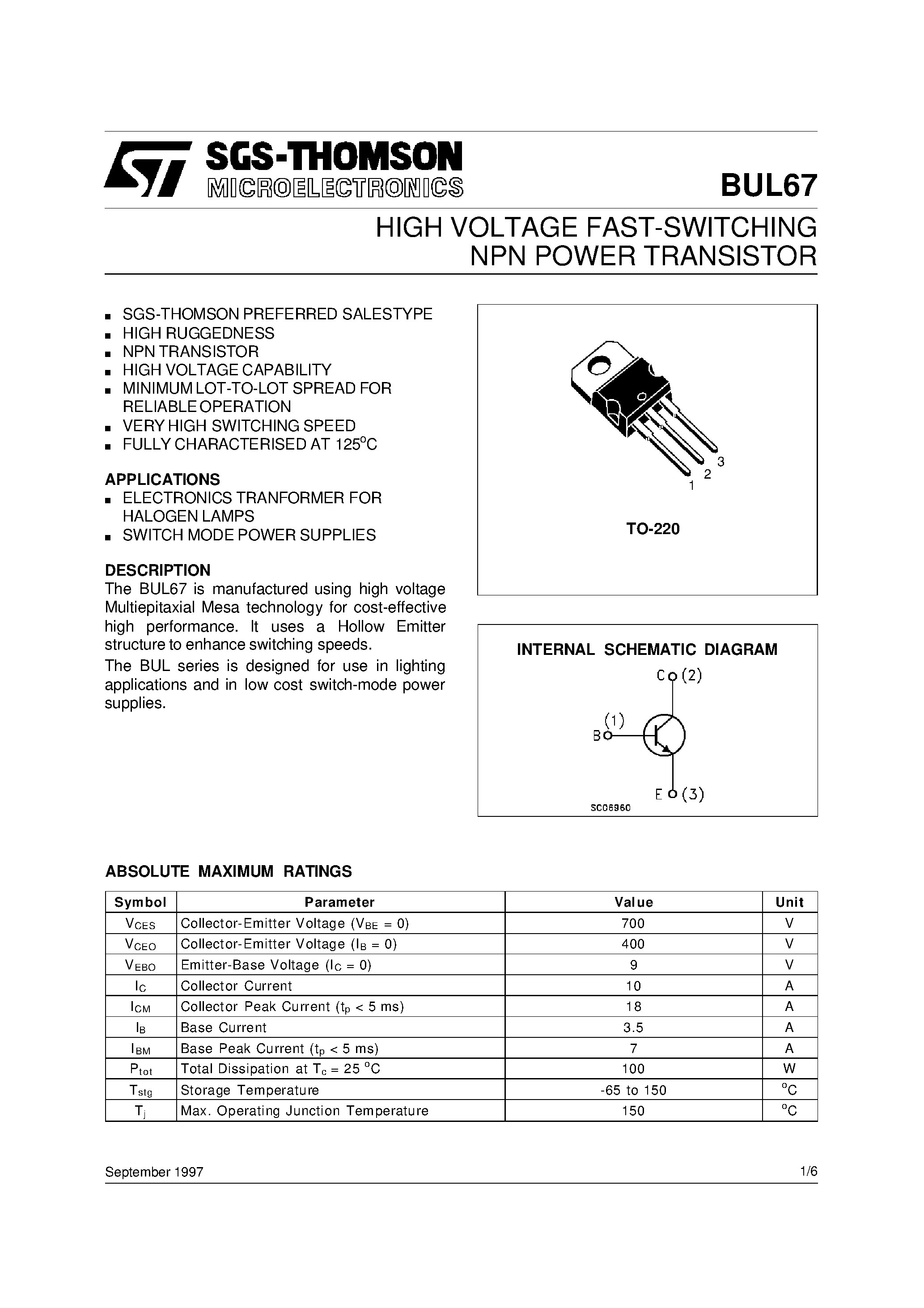 Даташит на микросхему BUL67 страница 1 Даташит BUL67 - HIGH VOLTAGE FAST-SWITCHING NPN POWER TRANSISTOR страница 1