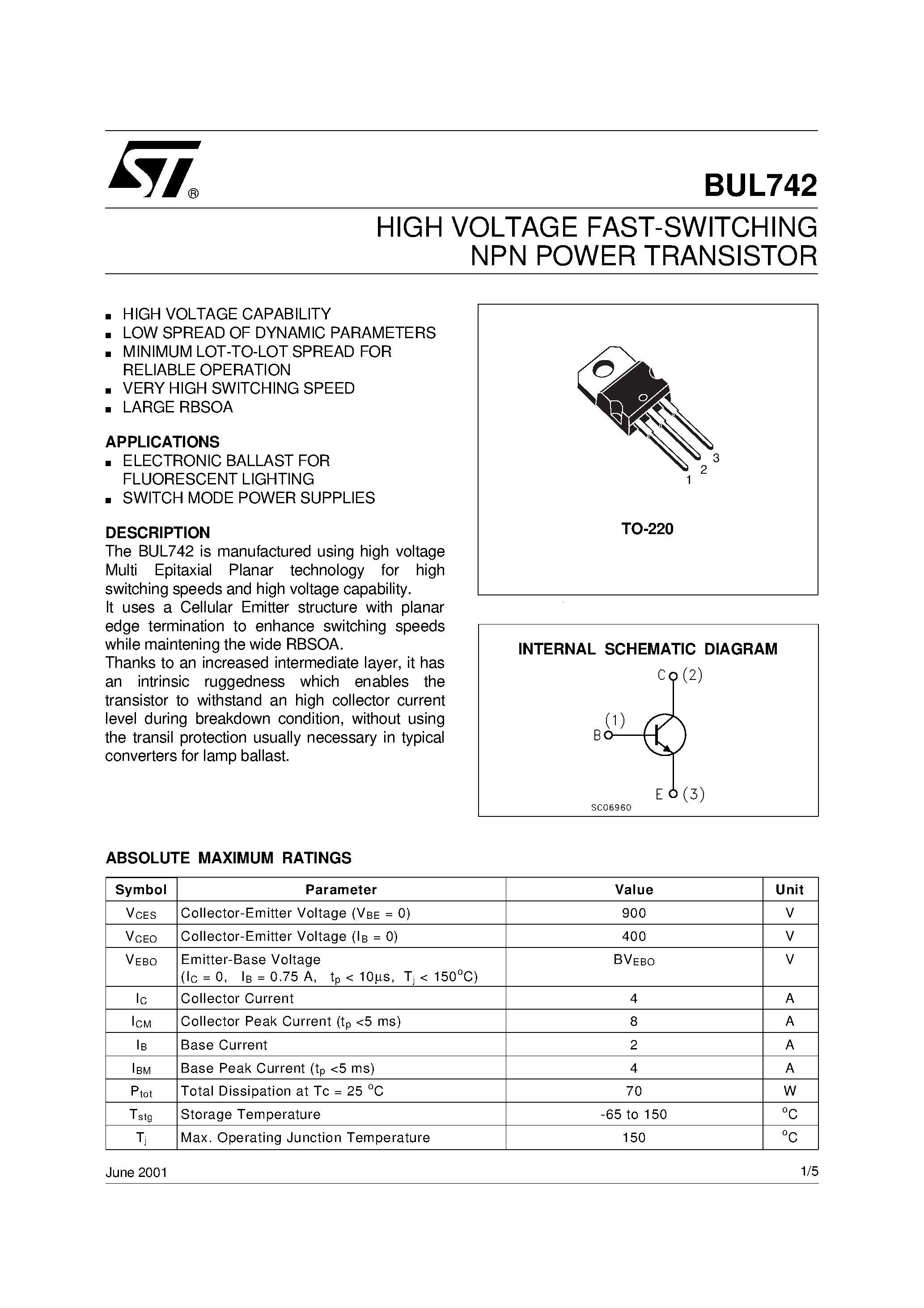 Даташит на микросхему BUL742 страница 1 Даташит BUL742 - HIGH VOLTAGE FAST-SWITCHING NPN POWER TRANSISTOR страница 1