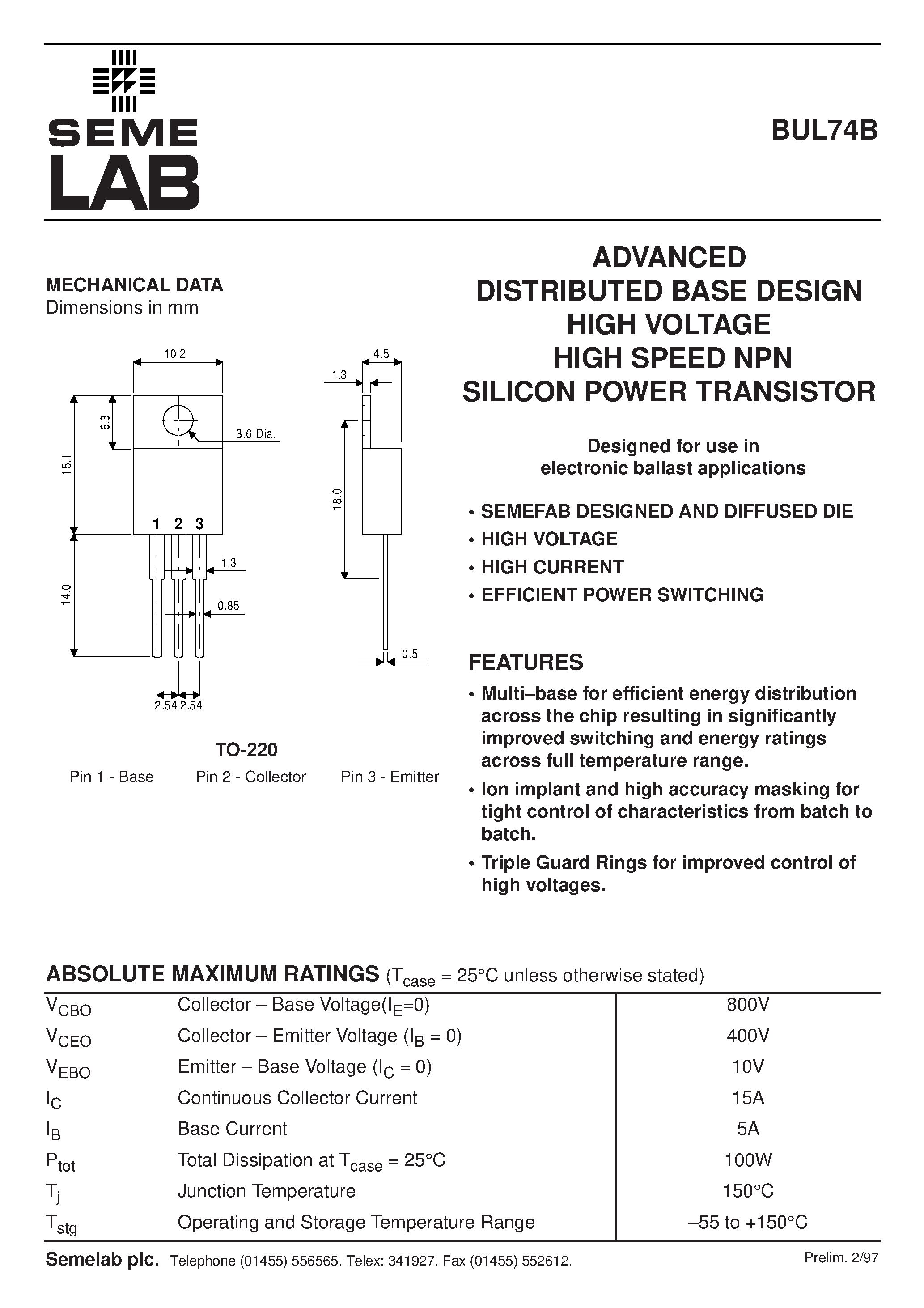 Datasheet BUL74B - ADVANCED DISTRIBUTED BASE DESIGN HIGH VOLTAGE HIGH SPEED NPN SILICON POWER TRANSISTOR page 1