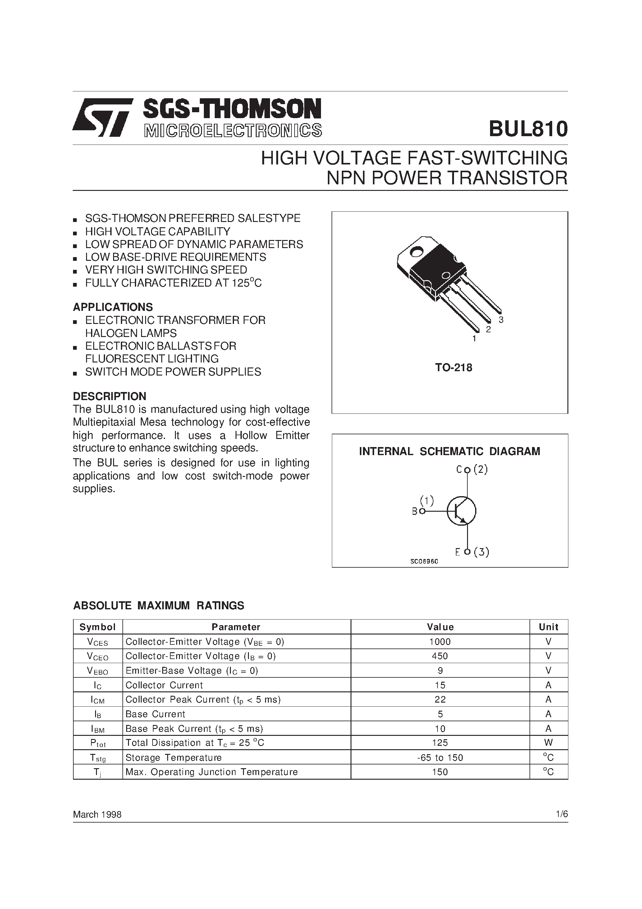 Даташит на микросхему BUL810 страница 1 Даташит BUL810 - HIGH VOLTAGE FAST-SWITCHING NPN POWER TRANSISTOR страница 1