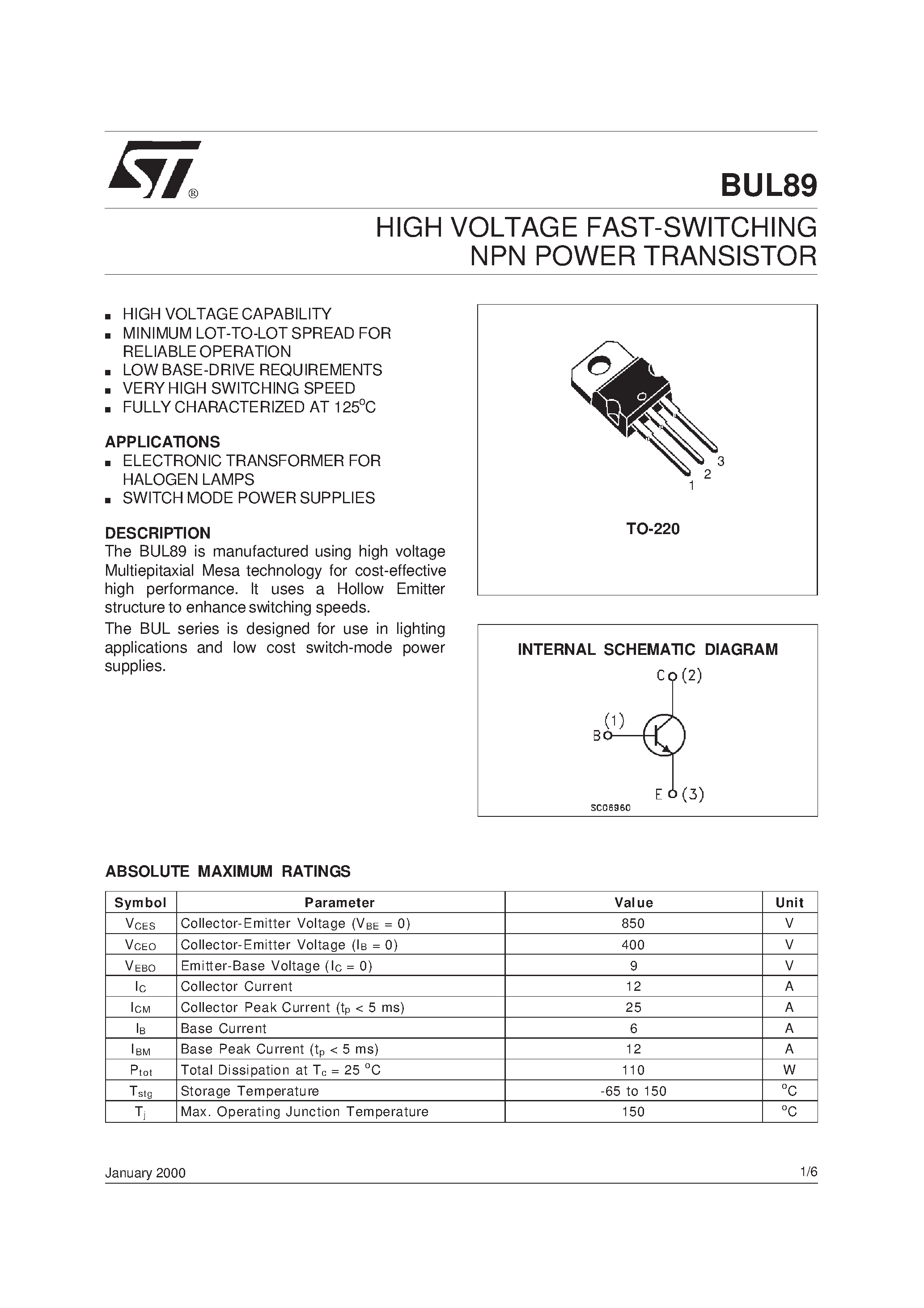 Даташит на микросхему BUL89 страница 1 Даташит BUL89 - HIGH VOLTAGE FAST-SWITCHING NPN POWER TRANSISTOR страница 1