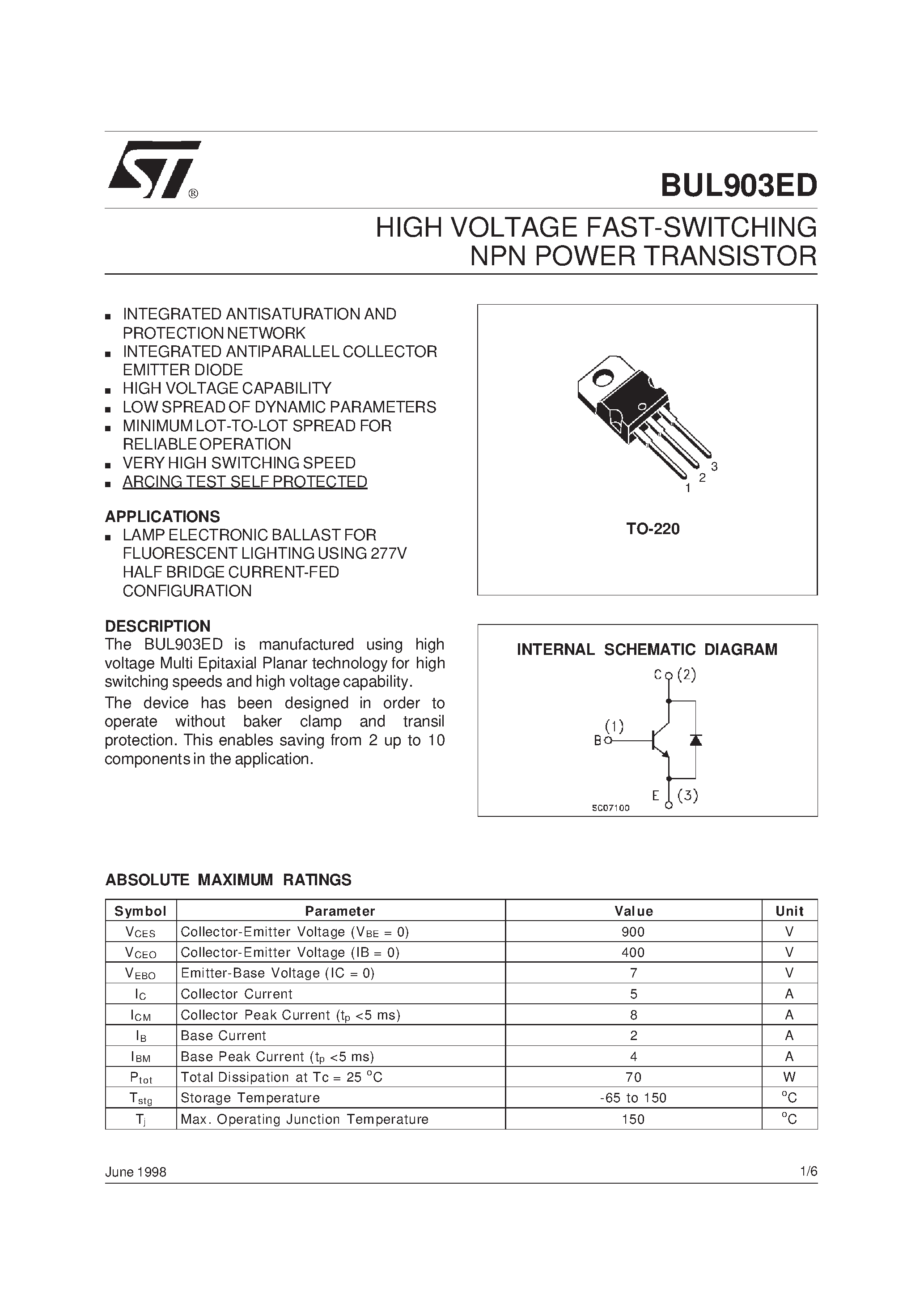 Даташит на микросхему BUL903 страница 1 Даташит BUL903 - HIGH VOLTAGE FAST-SWITCHING NPN POWER TRANSISTOR страница 1