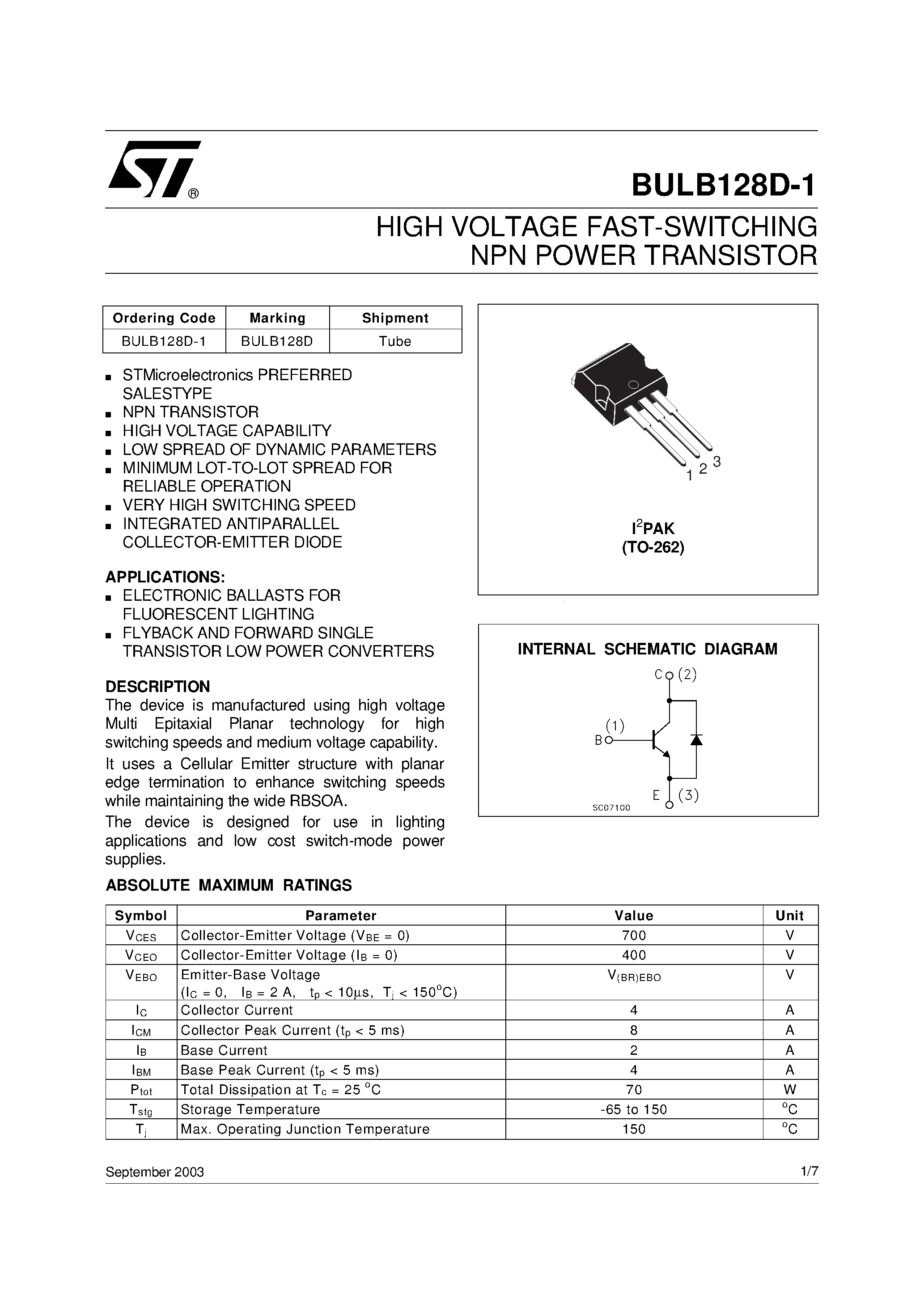 Даташит BULB128D-1 - HIGH VOLTAGE FAST-SWITCHING NPN POWER TRANSISTOR страница 1